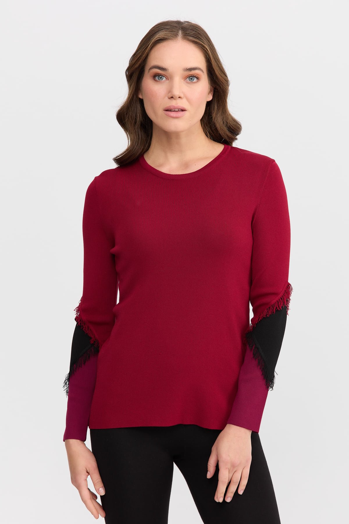 8351Kadın Sıfır Yaka Kolları Püsküllü Bluz Bordo