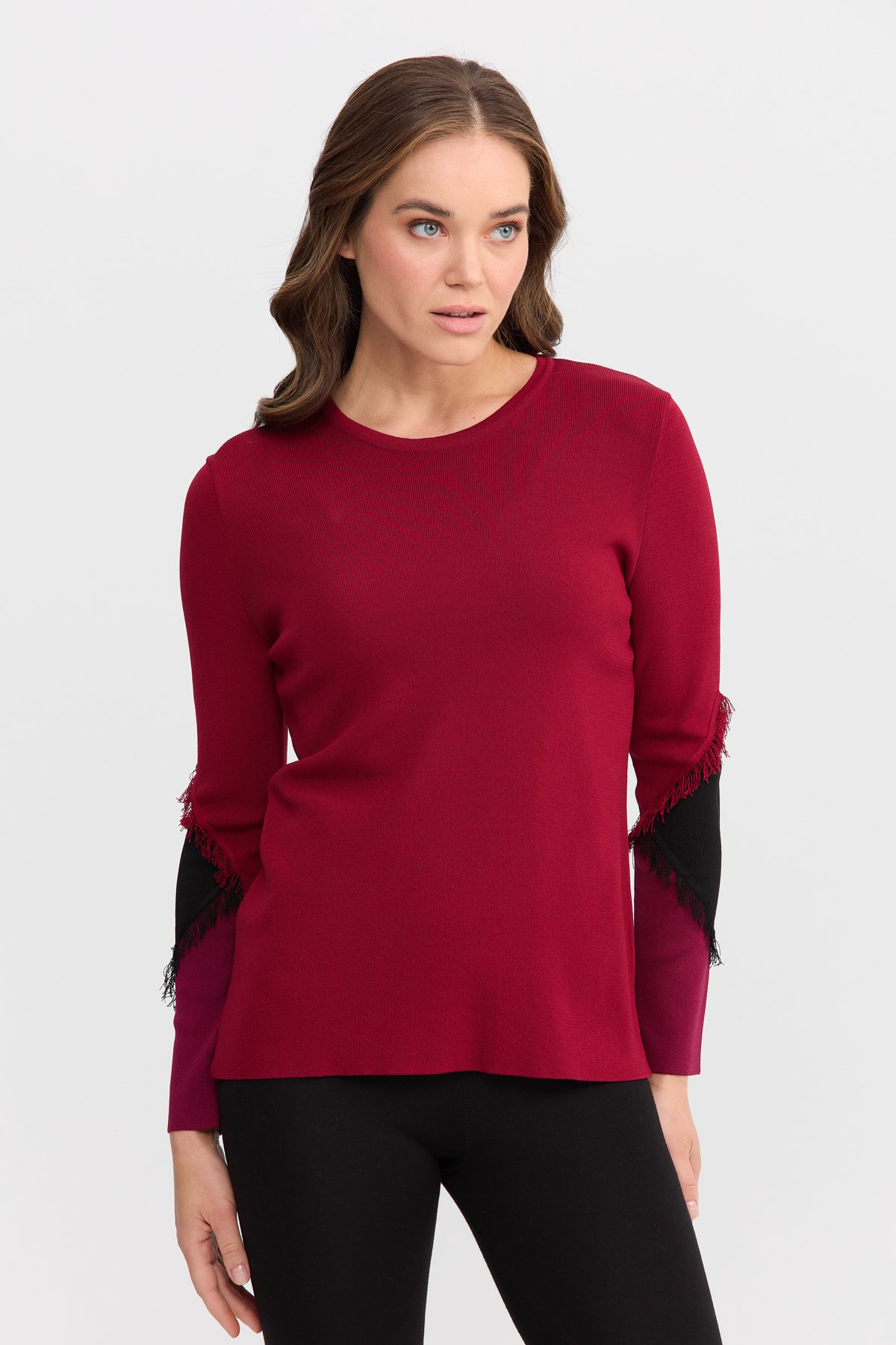 8351Kadın Sıfır Yaka Kolları Püsküllü Bluz Bordo