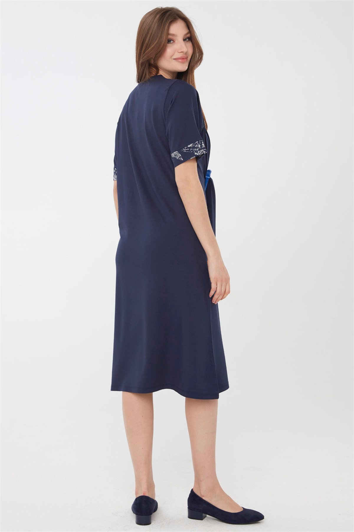 22756Kadın Sıfır Yaka Kolları ve Yakası Desenli Penye Elbise Lacivert
