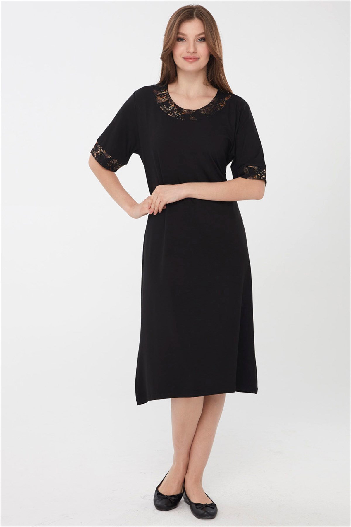 22756Kadın Sıfır Yaka Kolları ve Yakası Desenli Penye Elbise Siyah