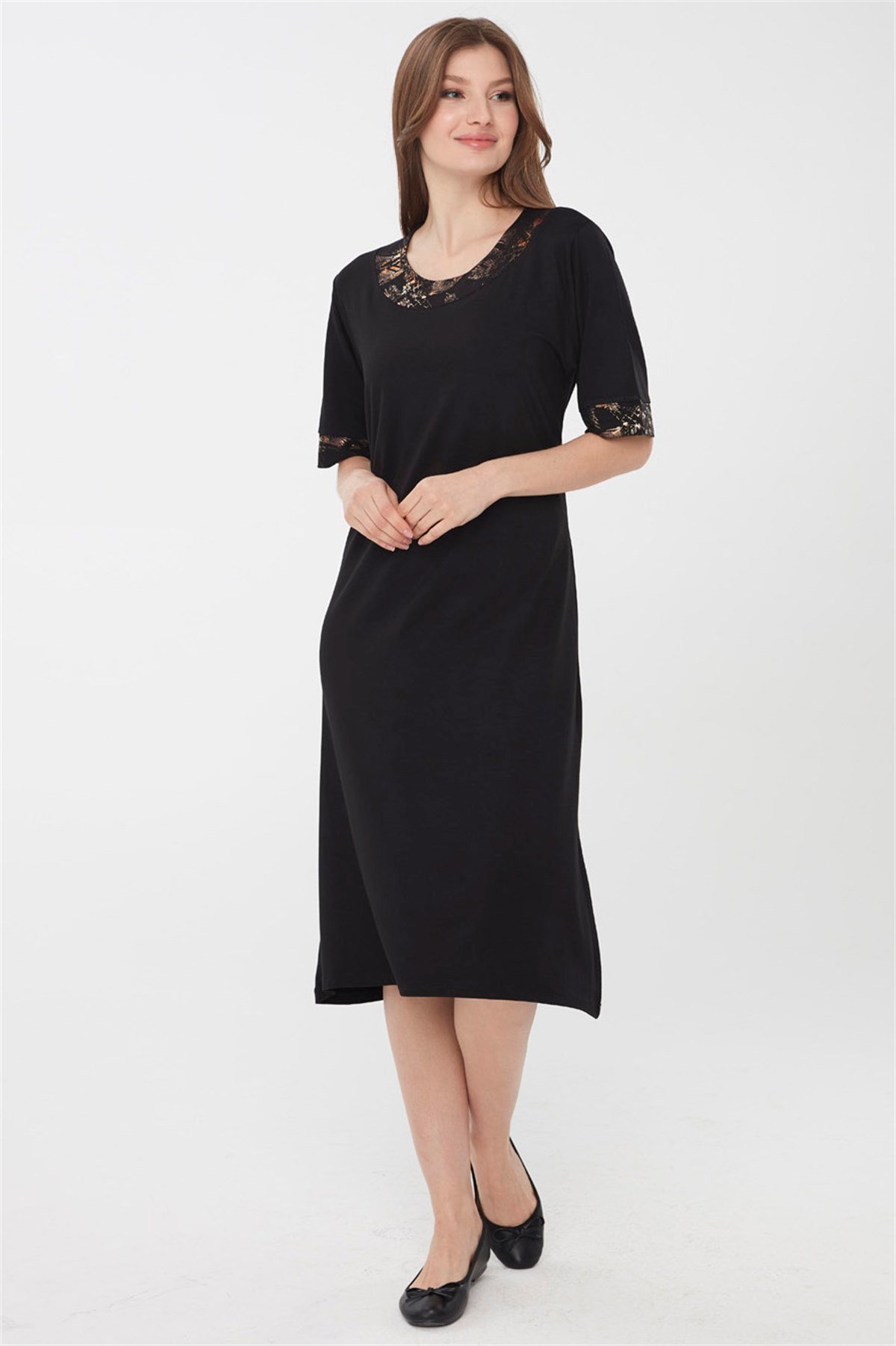 22756Kadın Sıfır Yaka Kolları ve Yakası Desenli Penye Elbise Siyah