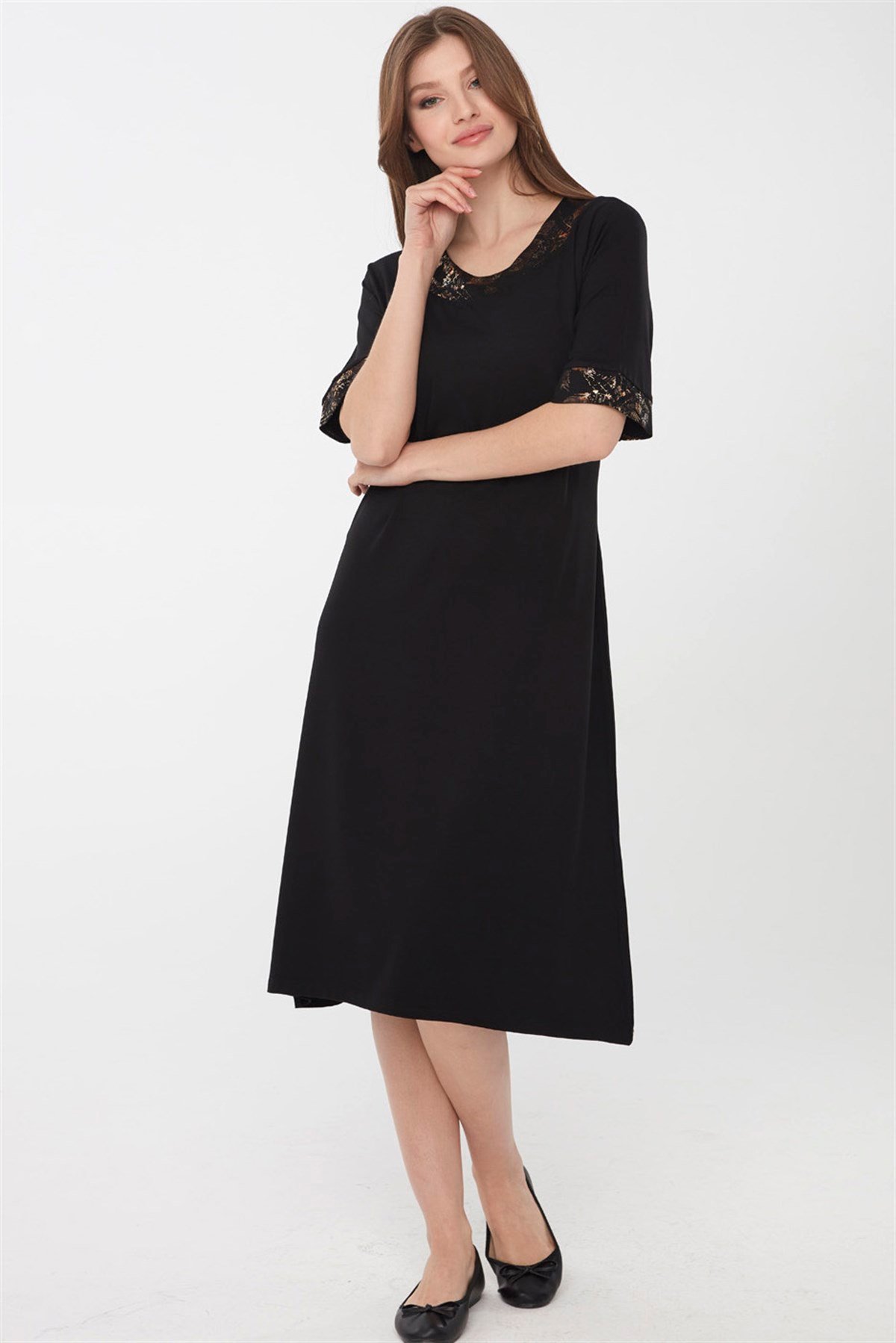 22756Kadın Sıfır Yaka Kolları ve Yakası Desenli Penye Elbise Siyah