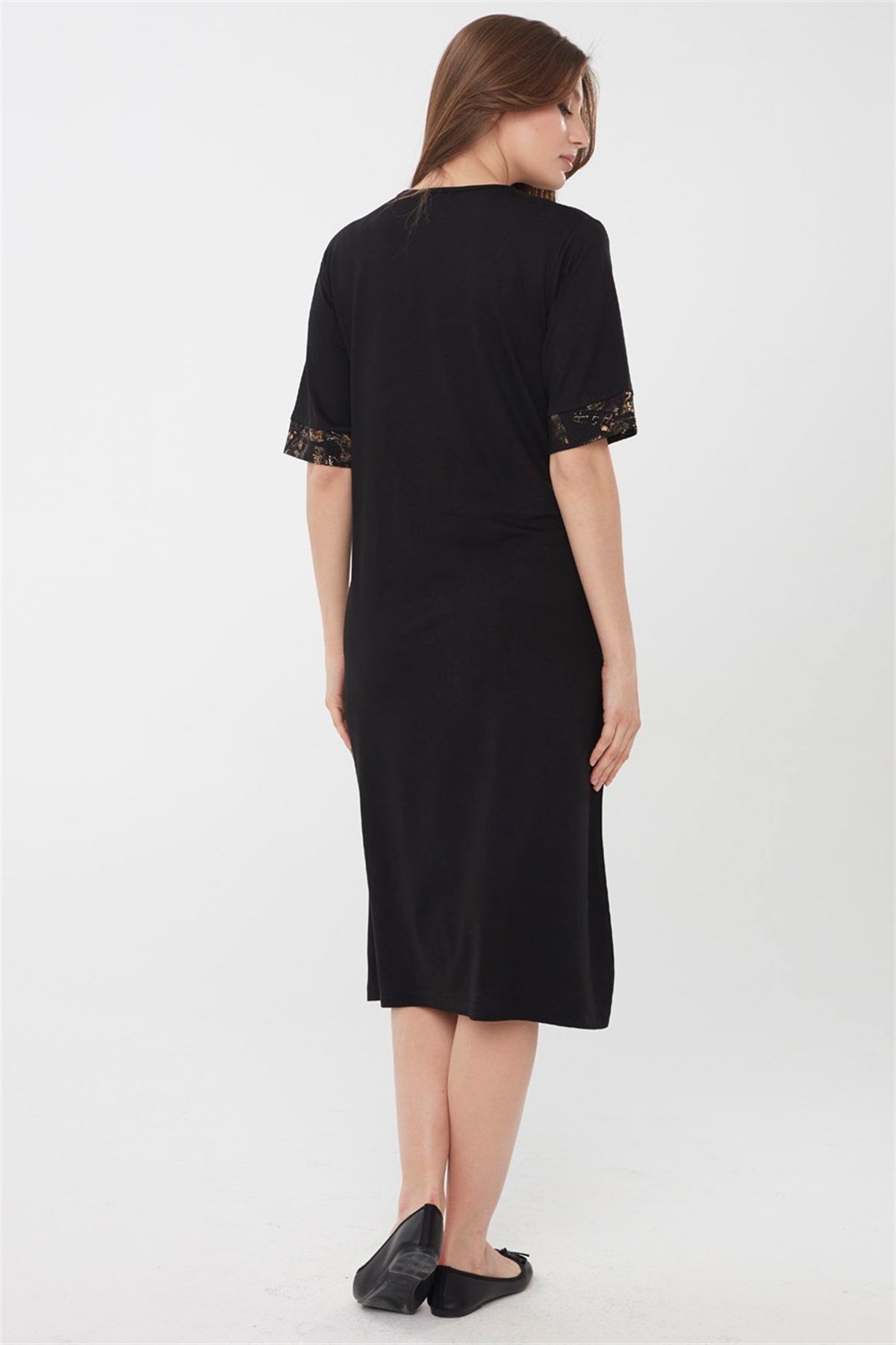 22756Kadın Sıfır Yaka Kolları ve Yakası Desenli Penye Elbise Siyah