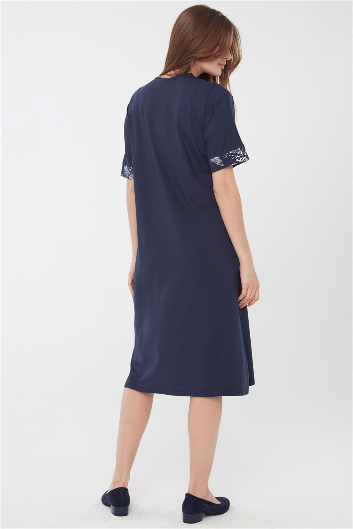 22756Kadın Sıfır Yaka Kolları ve Yakası Desenli Penye Elbise Lacivert