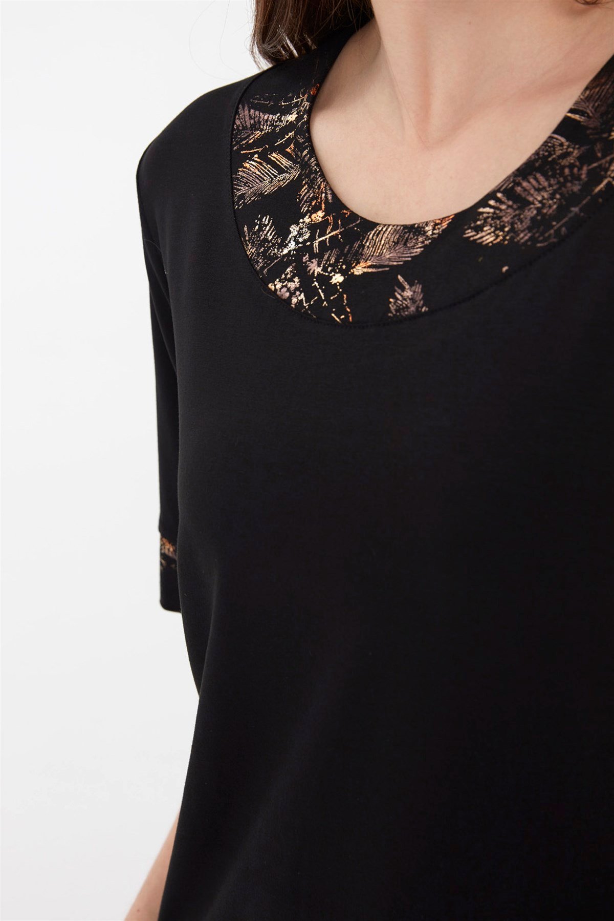 22756Kadın Sıfır Yaka Kolları ve Yakası Desenli Penye Elbise Siyah