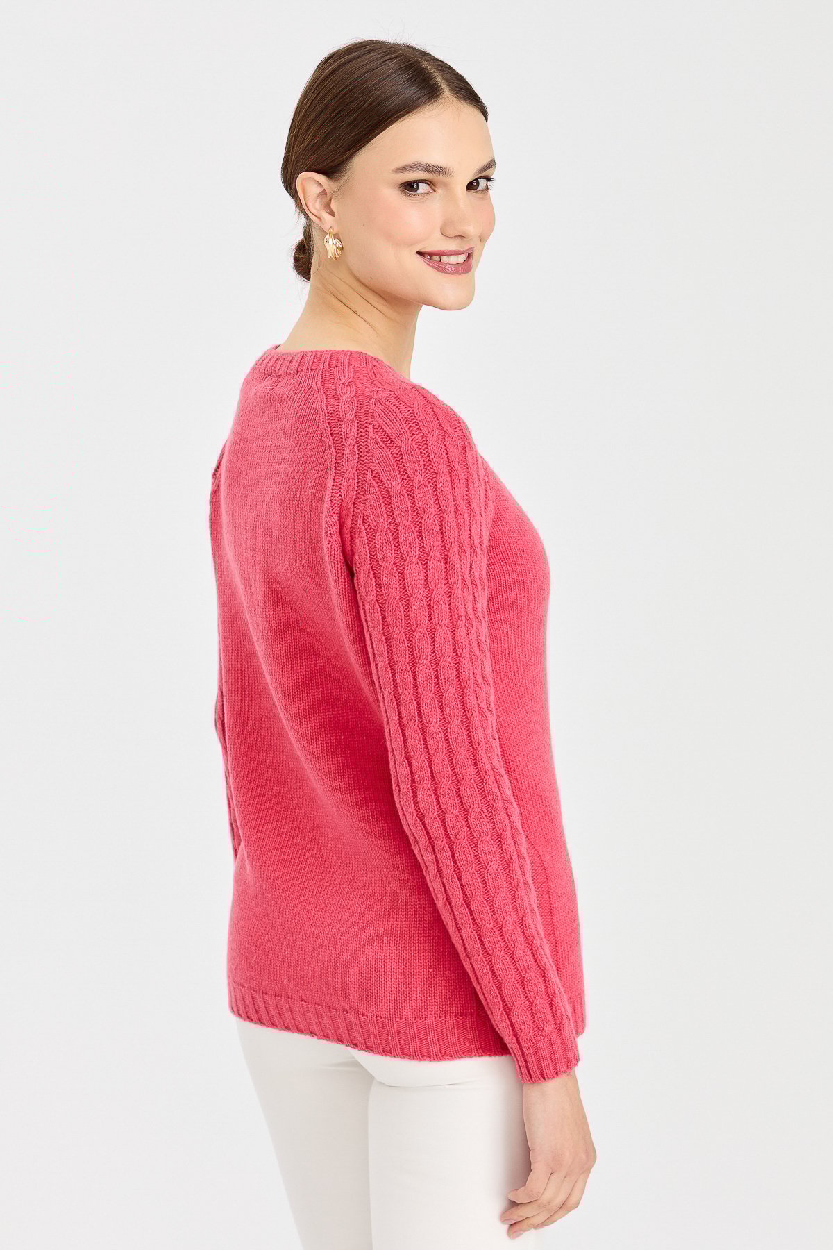 23201Kadın Sıfır Yaka Kolu Saç Örgü Yün Kazak Y.Ş.Pembe