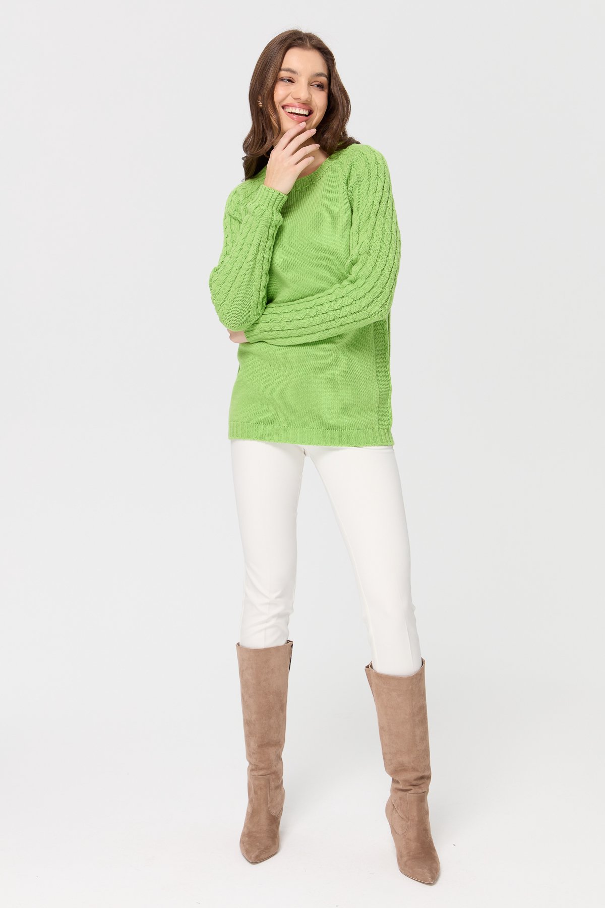 23201Kadın Sıfır Yaka Kolu Saç Örgü Yün Kazak A.E.Yeşili
