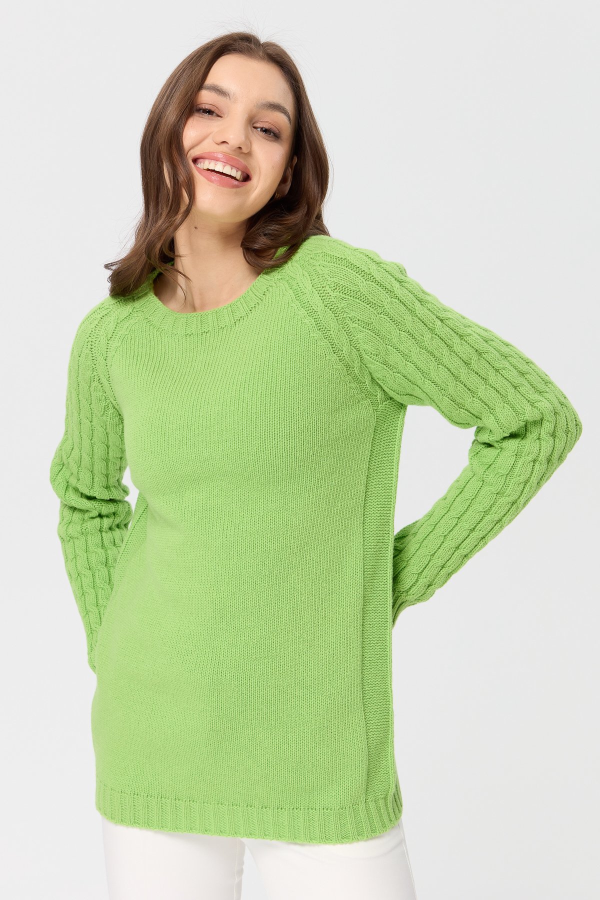 23201Kadın Sıfır Yaka Kolu Saç Örgü Yün Kazak A.E.Yeşili