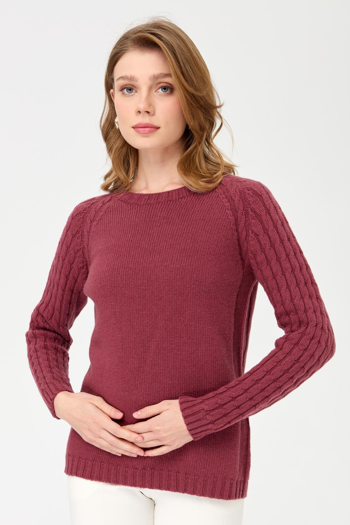 23201Kadın Sıfır Yaka Kolu Saç Örgü Yün Kazak K.G.Kurusu