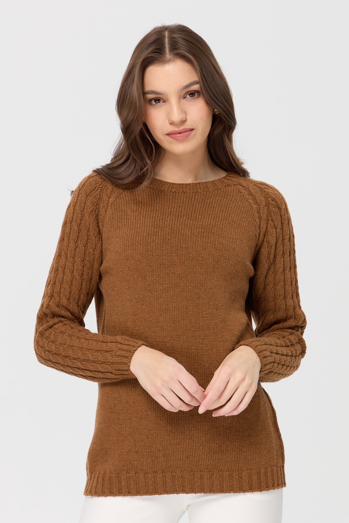 23201Kadın Sıfır Yaka Kolu Saç Örgü Yün Kazak K.taba