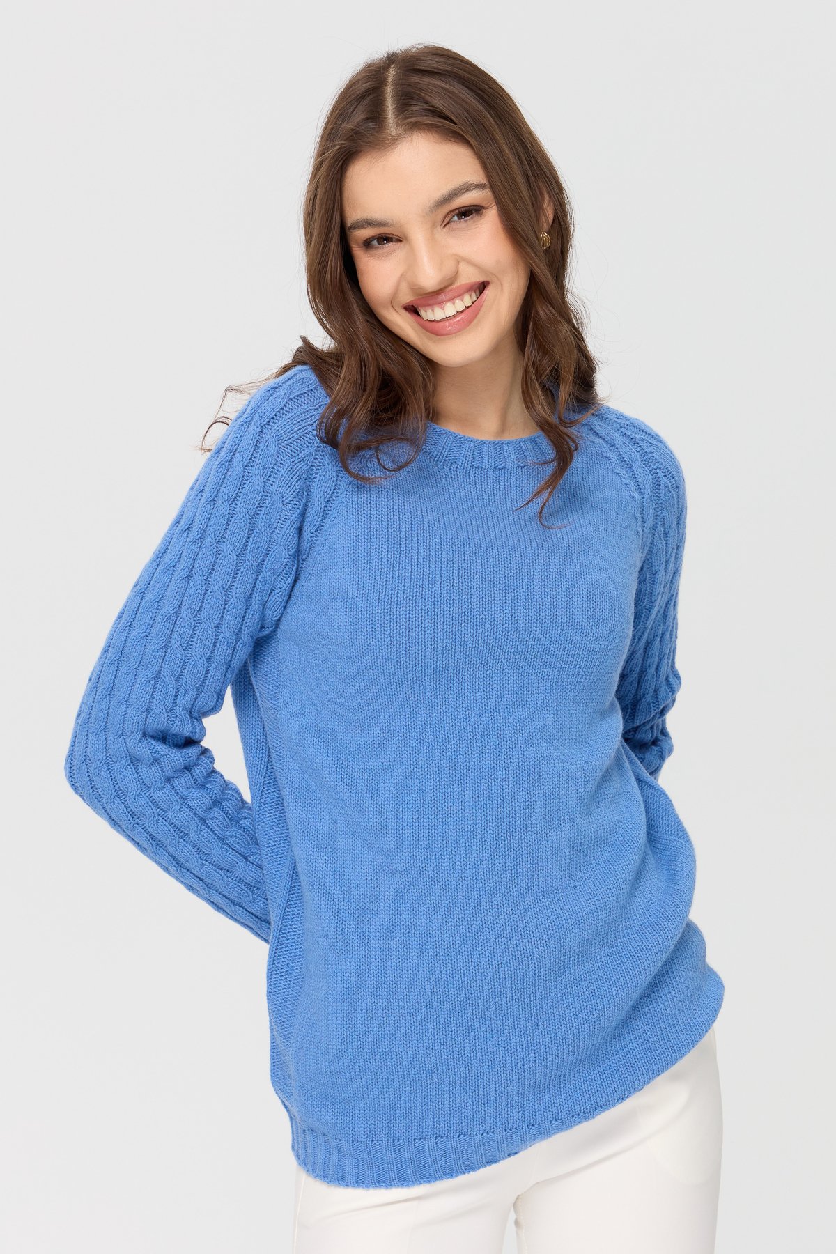 23201Kadın Sıfır Yaka Kolu Saç Örgü Yün Kazak O.Mavi
