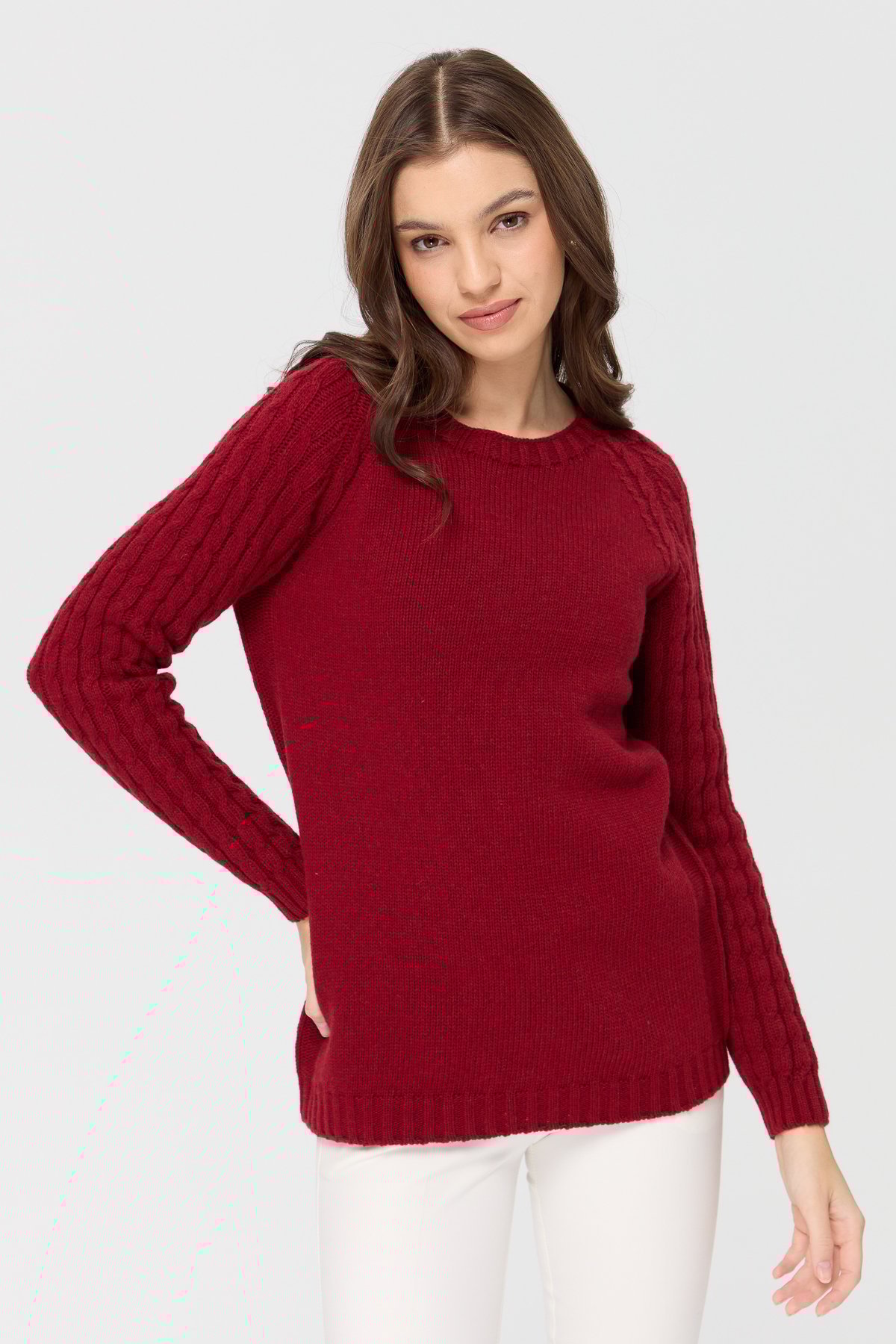 23201Kadın Sıfır Yaka Kolu Saç Örgü Yün Kazak V.Kırmızı