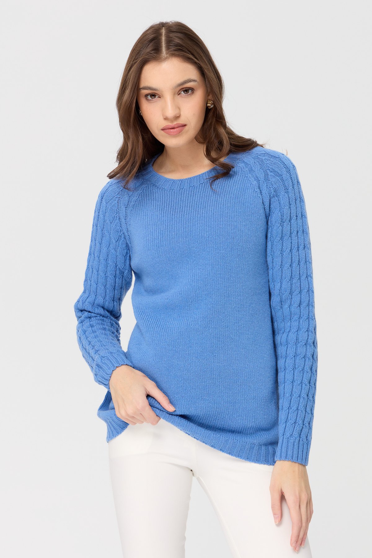 23201Kadın Sıfır Yaka Kolu Saç Örgü Yün Kazak O.Mavi