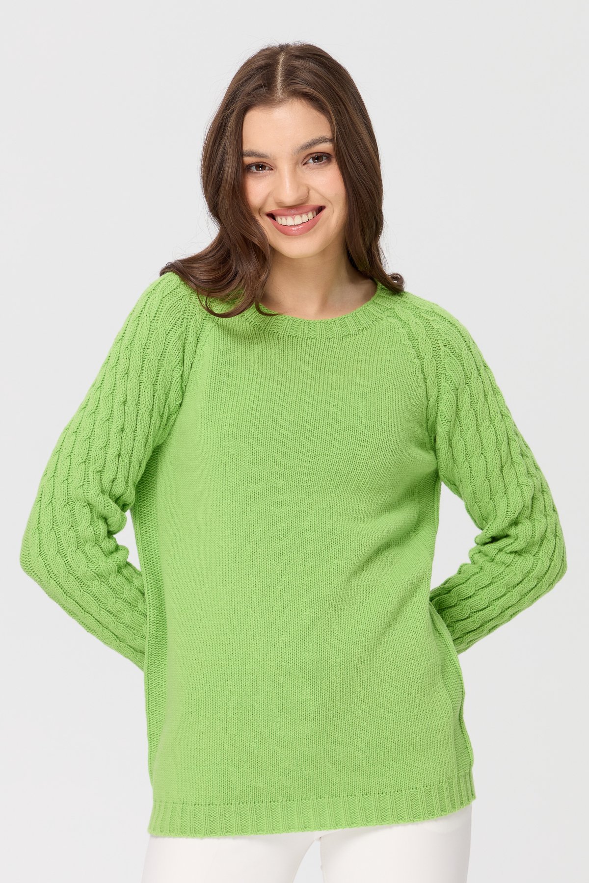 23201Kadın Sıfır Yaka Kolu Saç Örgü Yün Kazak A.E.Yeşili