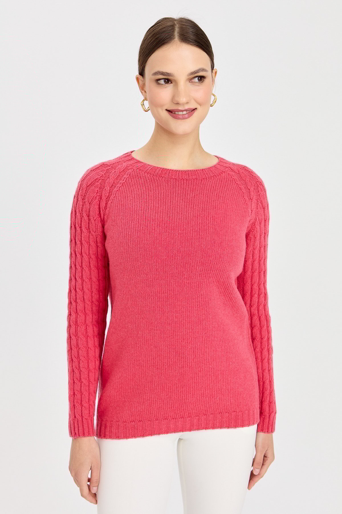 23201Kadın Sıfır Yaka Kolu Saç Örgü Yün Kazak Y.Ş.Pembe