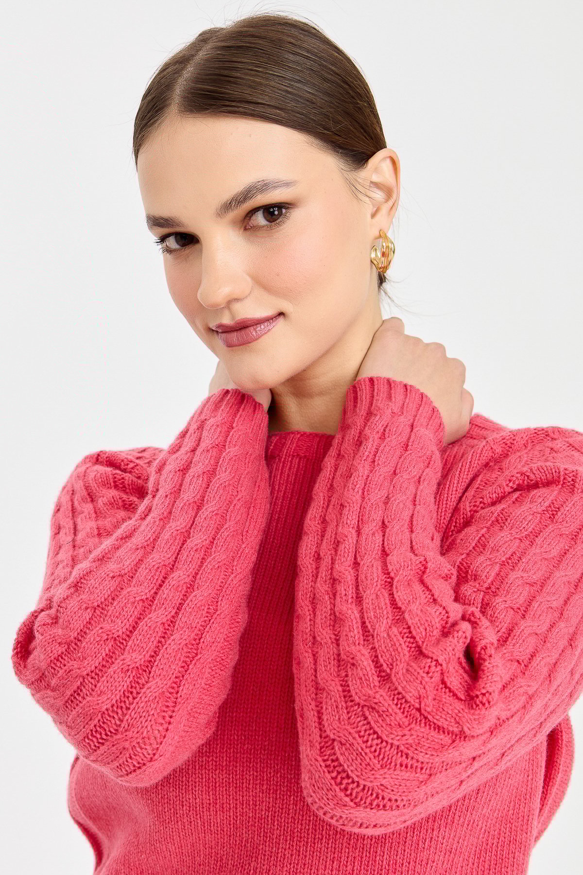 23201Kadın Sıfır Yaka Kolu Saç Örgü Yün Kazak Y.Ş.Pembe