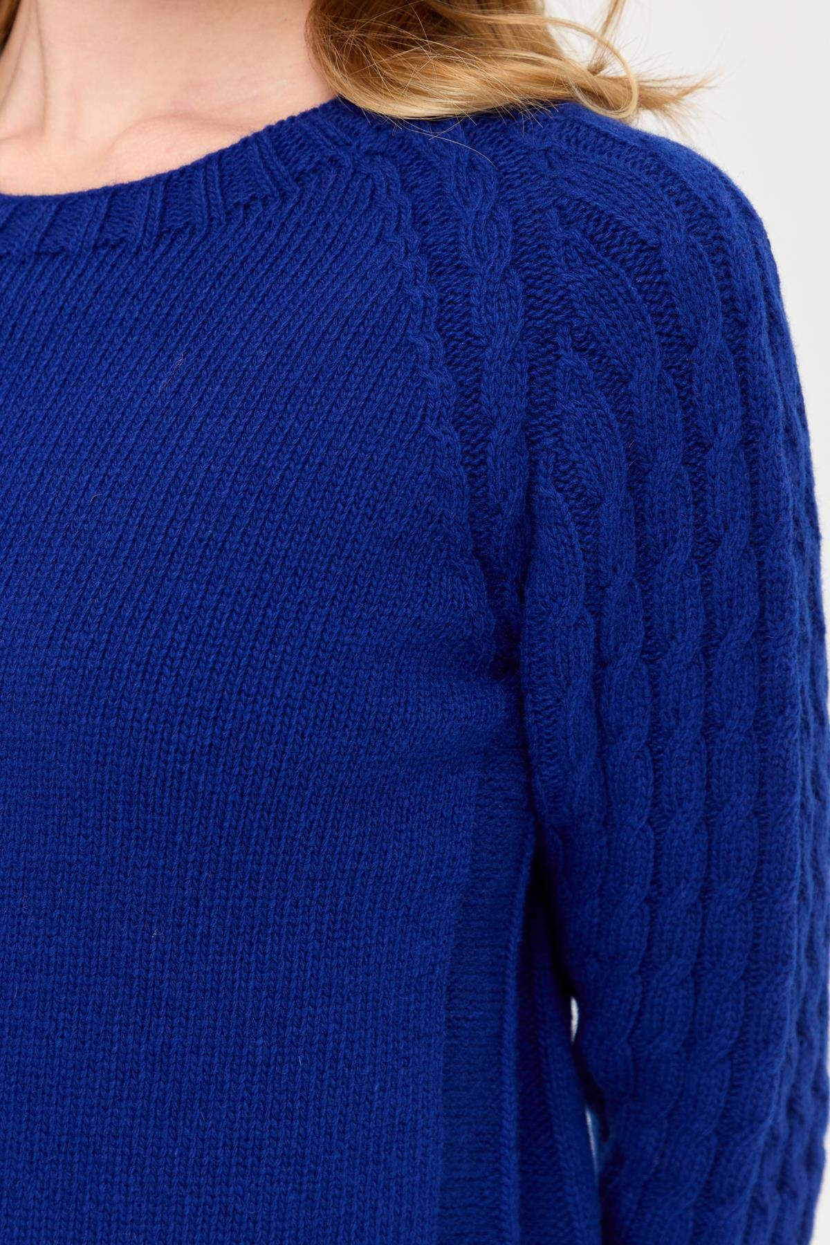 23201Kadın Sıfır Yaka Kolu Saç Örgü Yün Kazak K.S.Mavi