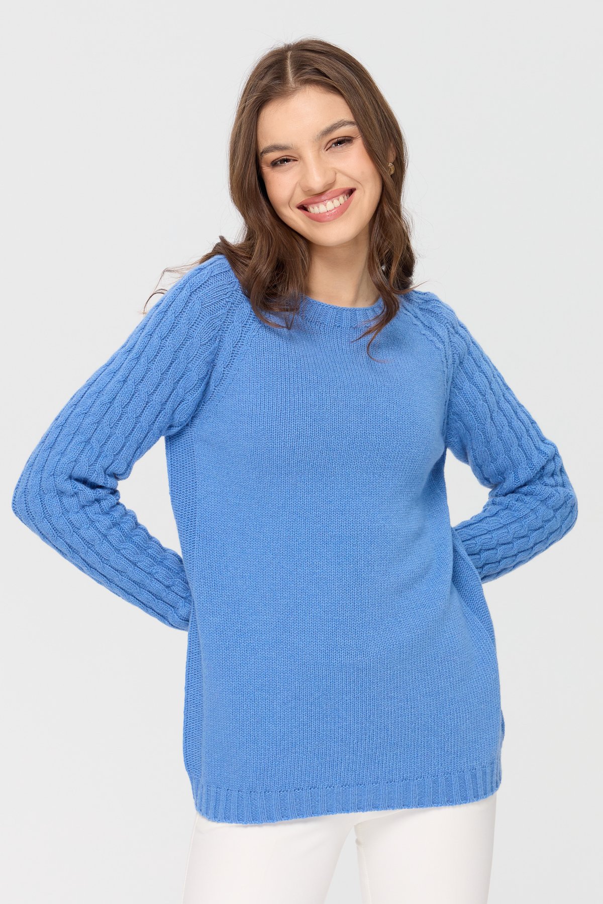 23201Kadın Sıfır Yaka Kolu Saç Örgü Yün Kazak O.Mavi