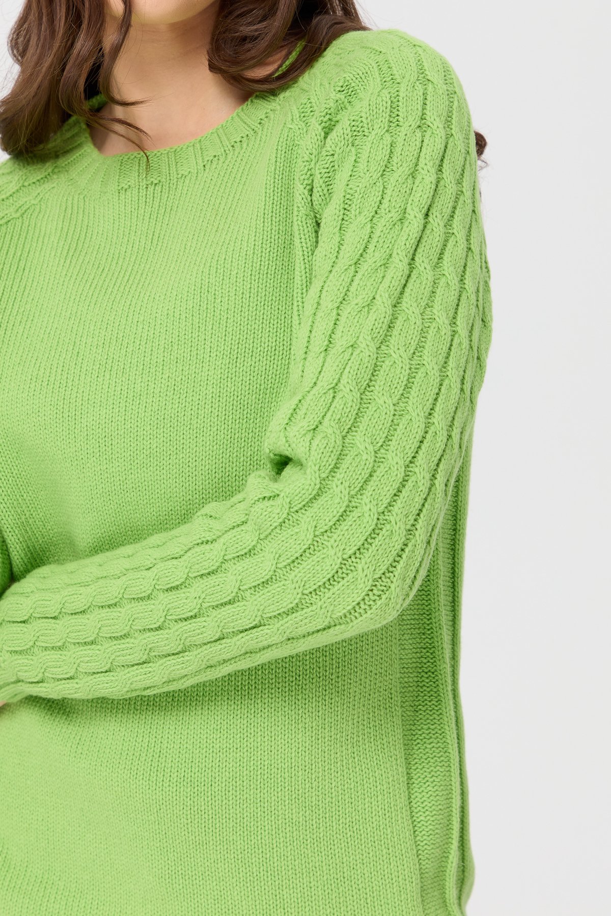23201Kadın Sıfır Yaka Kolu Saç Örgü Yün Kazak A.E.Yeşili