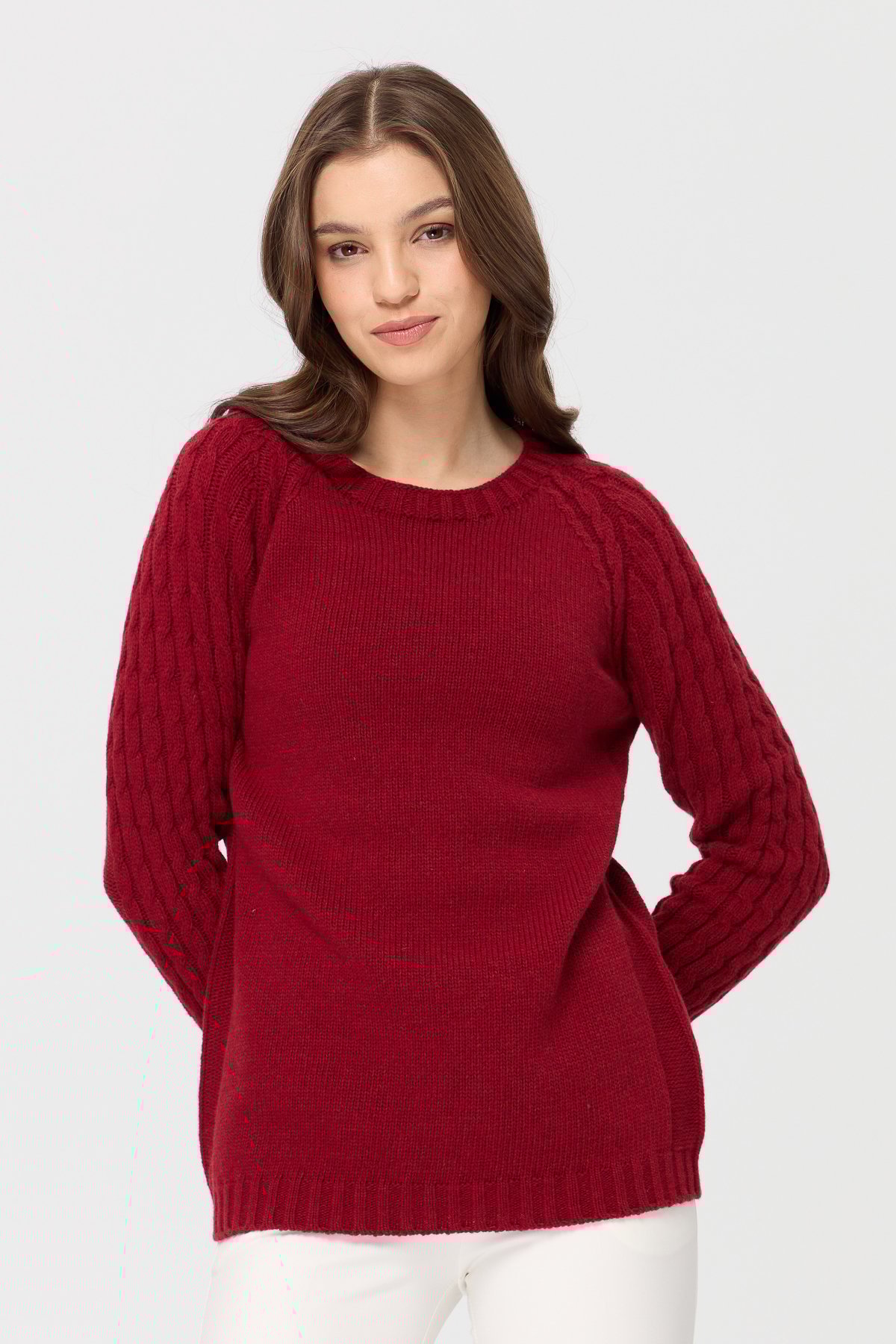 23201Kadın Sıfır Yaka Kolu Saç Örgü Yün Kazak V.Kırmızı