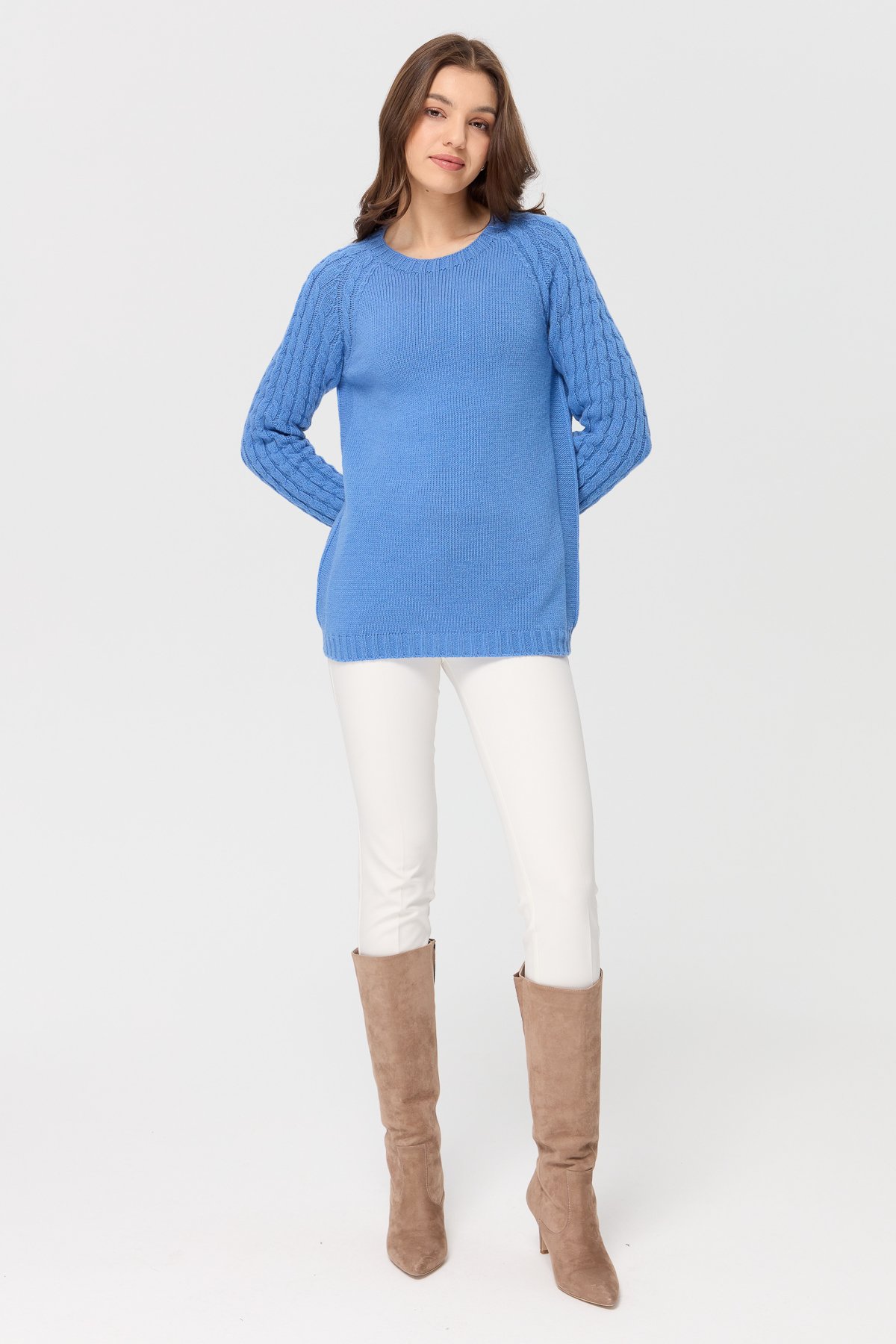 23201Kadın Sıfır Yaka Kolu Saç Örgü Yün Kazak O.Mavi