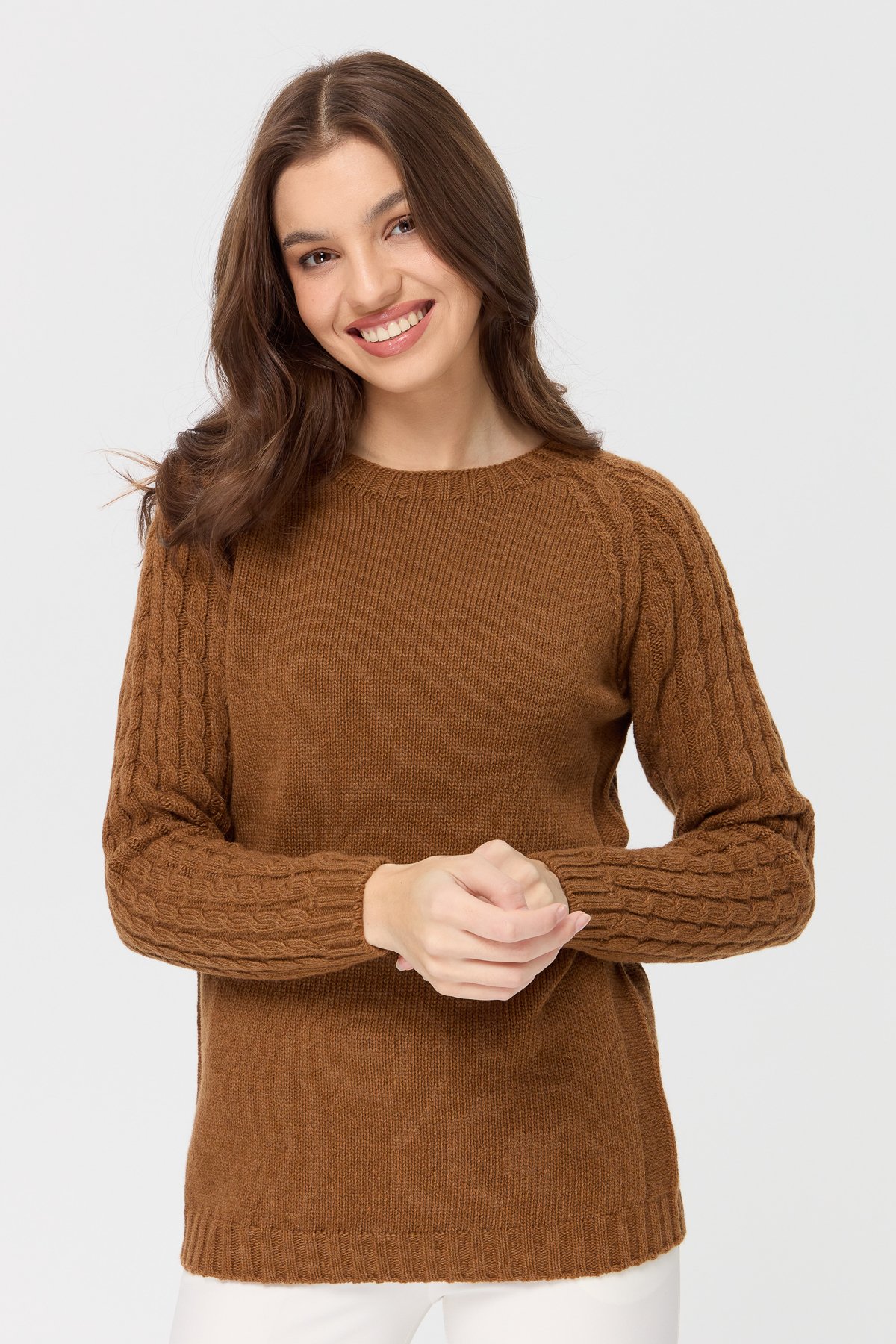 23201Kadın Sıfır Yaka Kolu Saç Örgü Yün Kazak K.taba