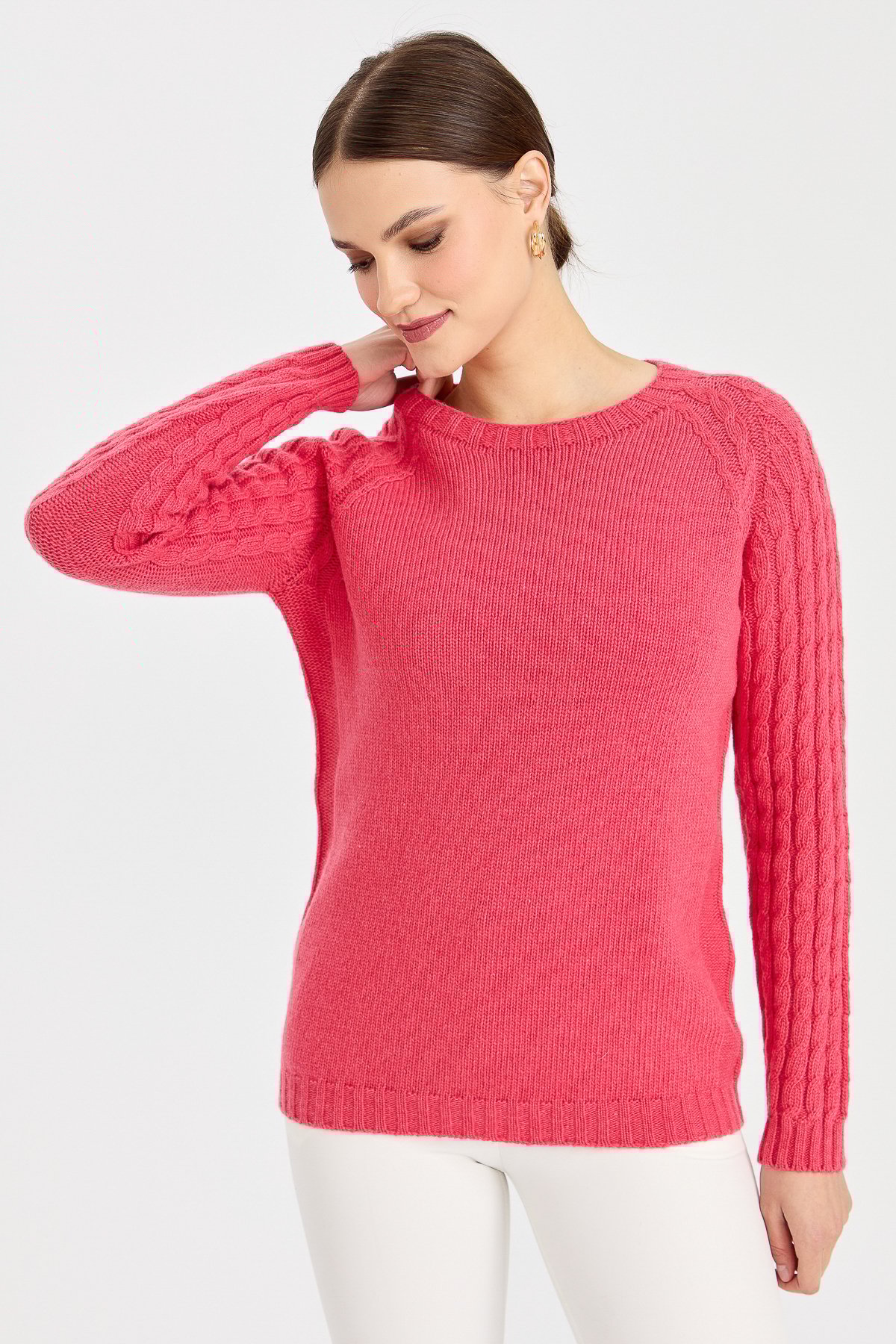 23201Kadın Sıfır Yaka Kolu Saç Örgü Yün Kazak Y.Ş.Pembe