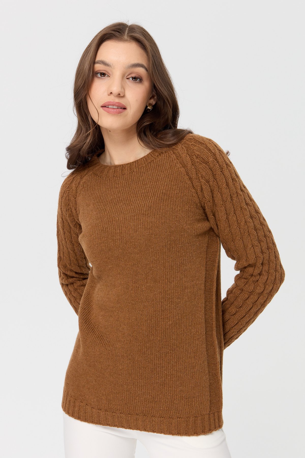 23201Kadın Sıfır Yaka Kolu Saç Örgü Yün Kazak K.taba