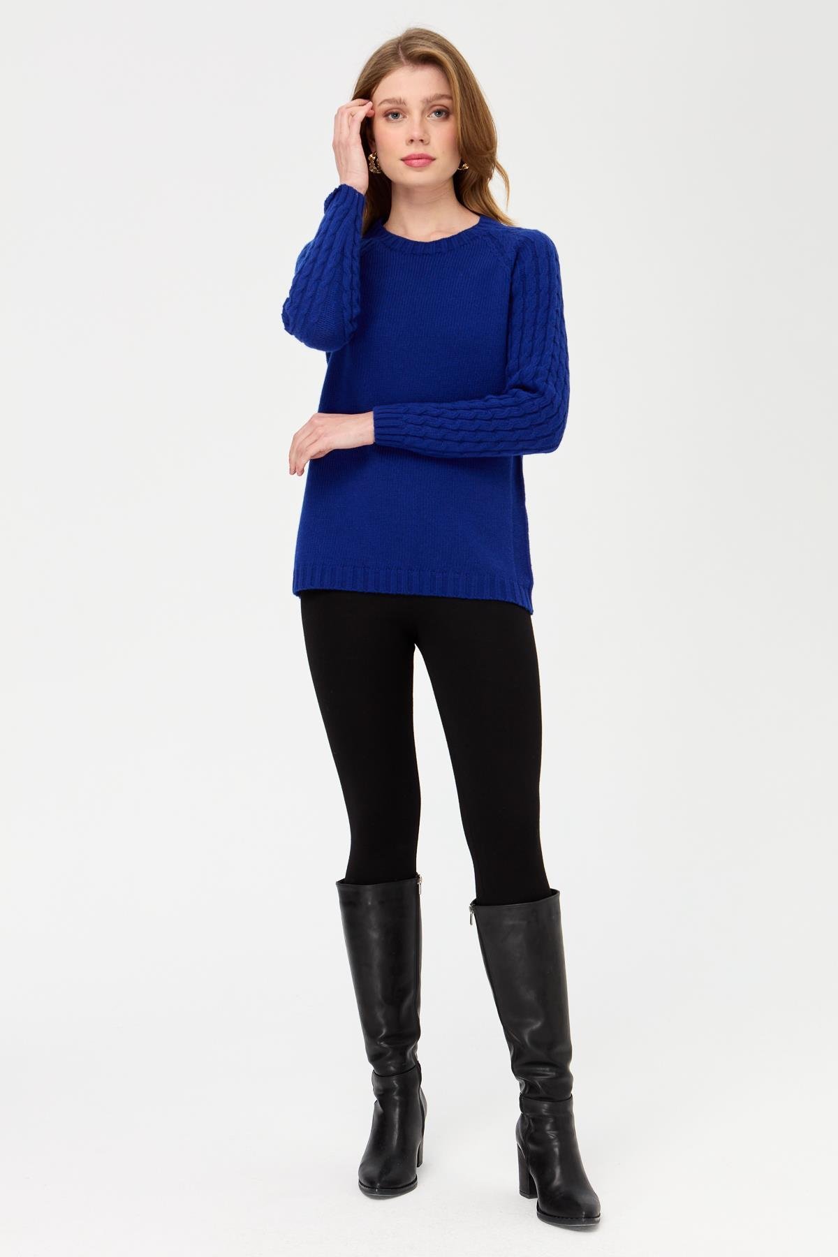 23201Kadın Sıfır Yaka Kolu Saç Örgü Yün Kazak K.S.Mavi