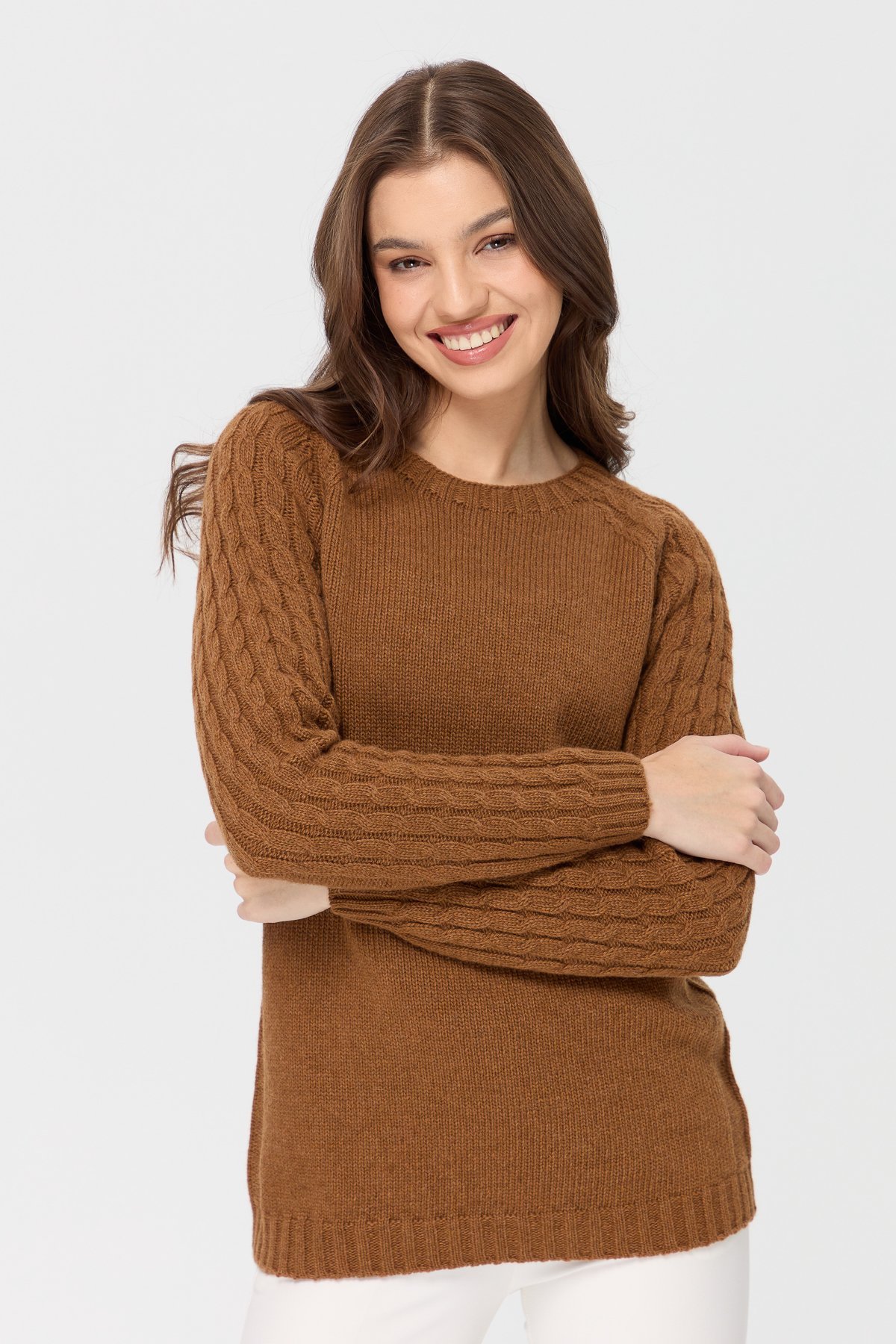 23201Kadın Sıfır Yaka Kolu Saç Örgü Yün Kazak K.taba