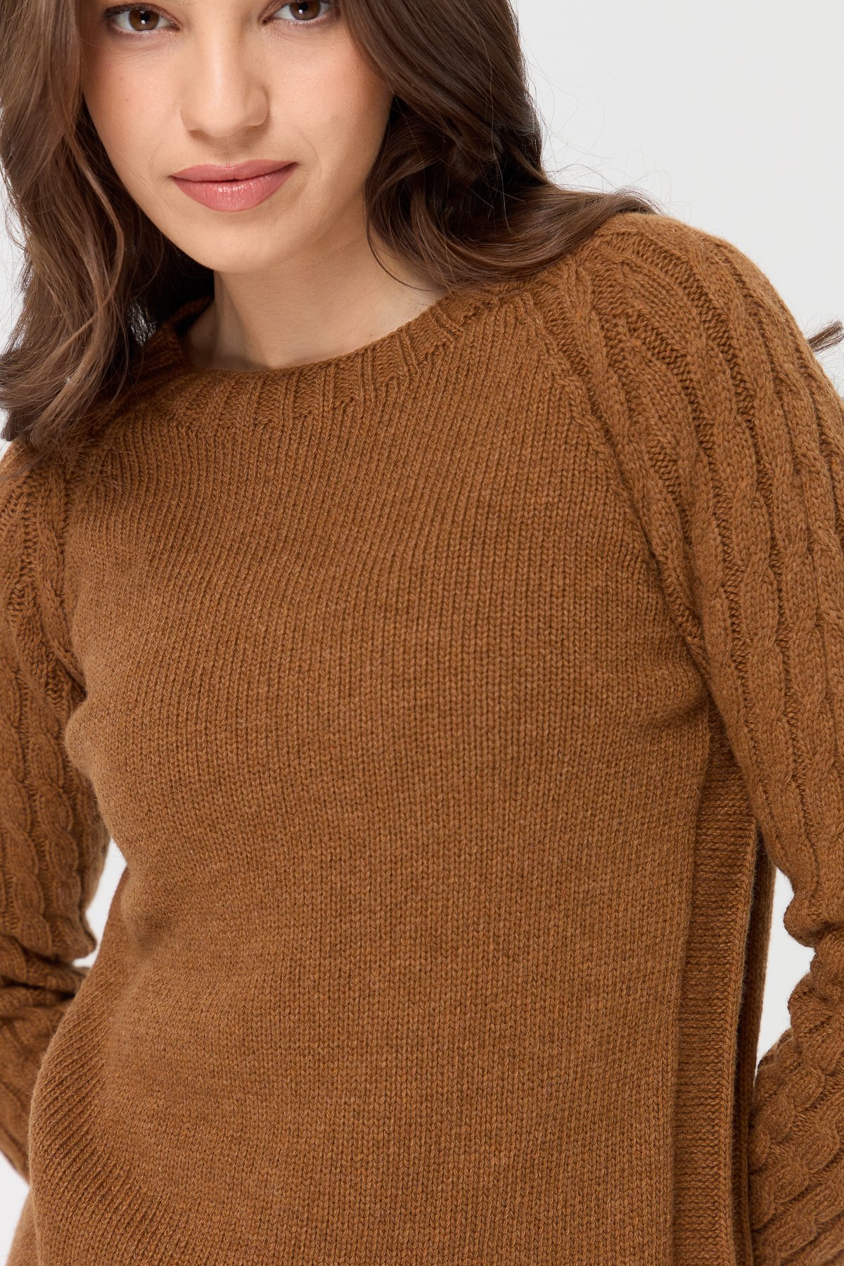 23201Kadın Sıfır Yaka Kolu Saç Örgü Yün Kazak K.taba