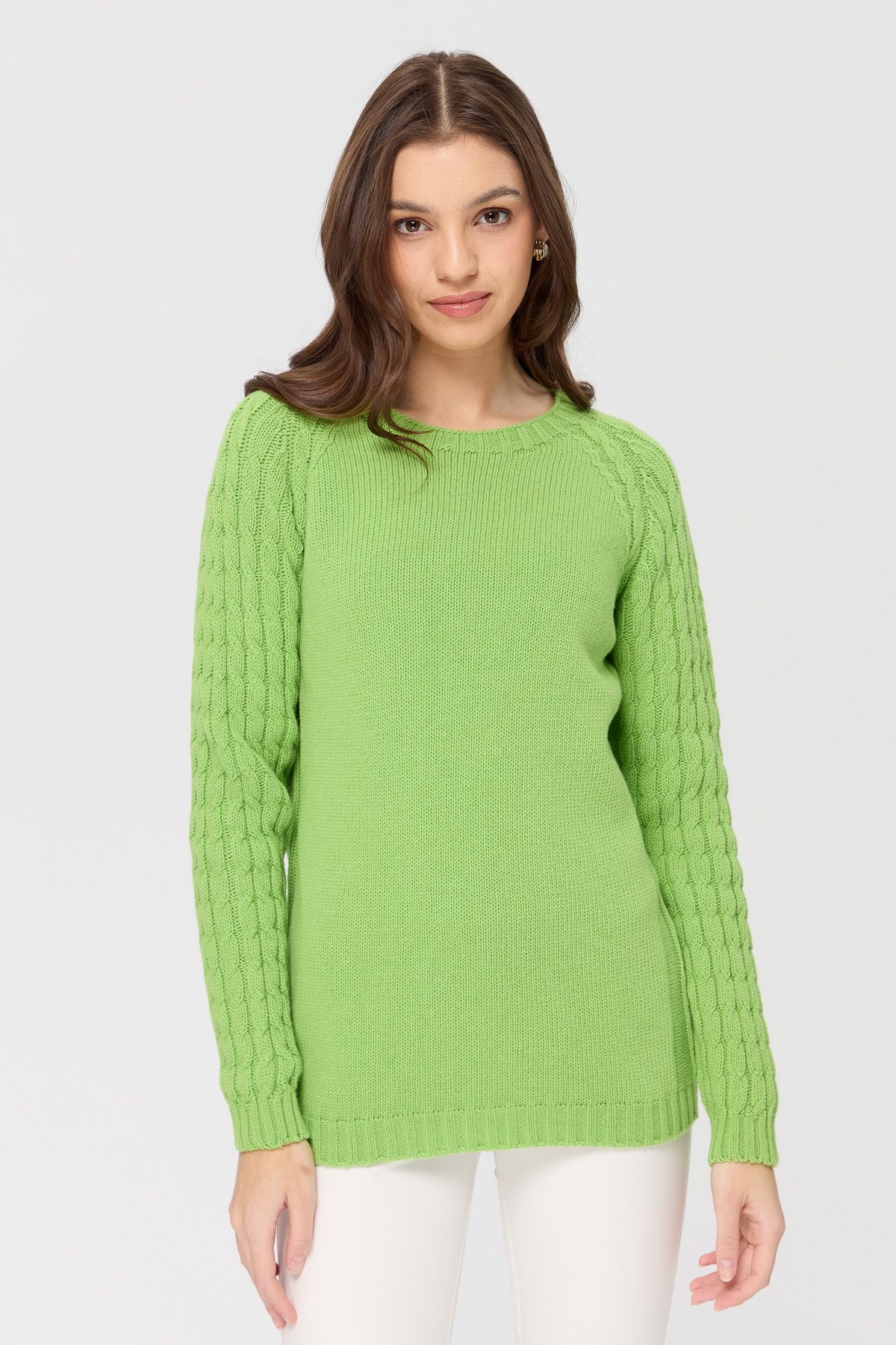 23201Kadın Sıfır Yaka Kolu Saç Örgü Yün Kazak A.E.Yeşili