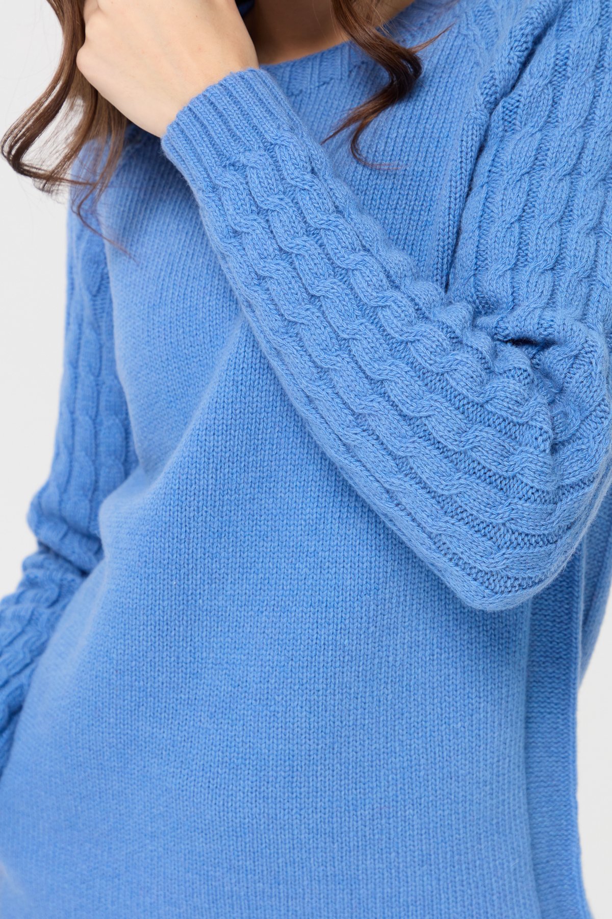 23201Kadın Sıfır Yaka Kolu Saç Örgü Yün Kazak O.Mavi