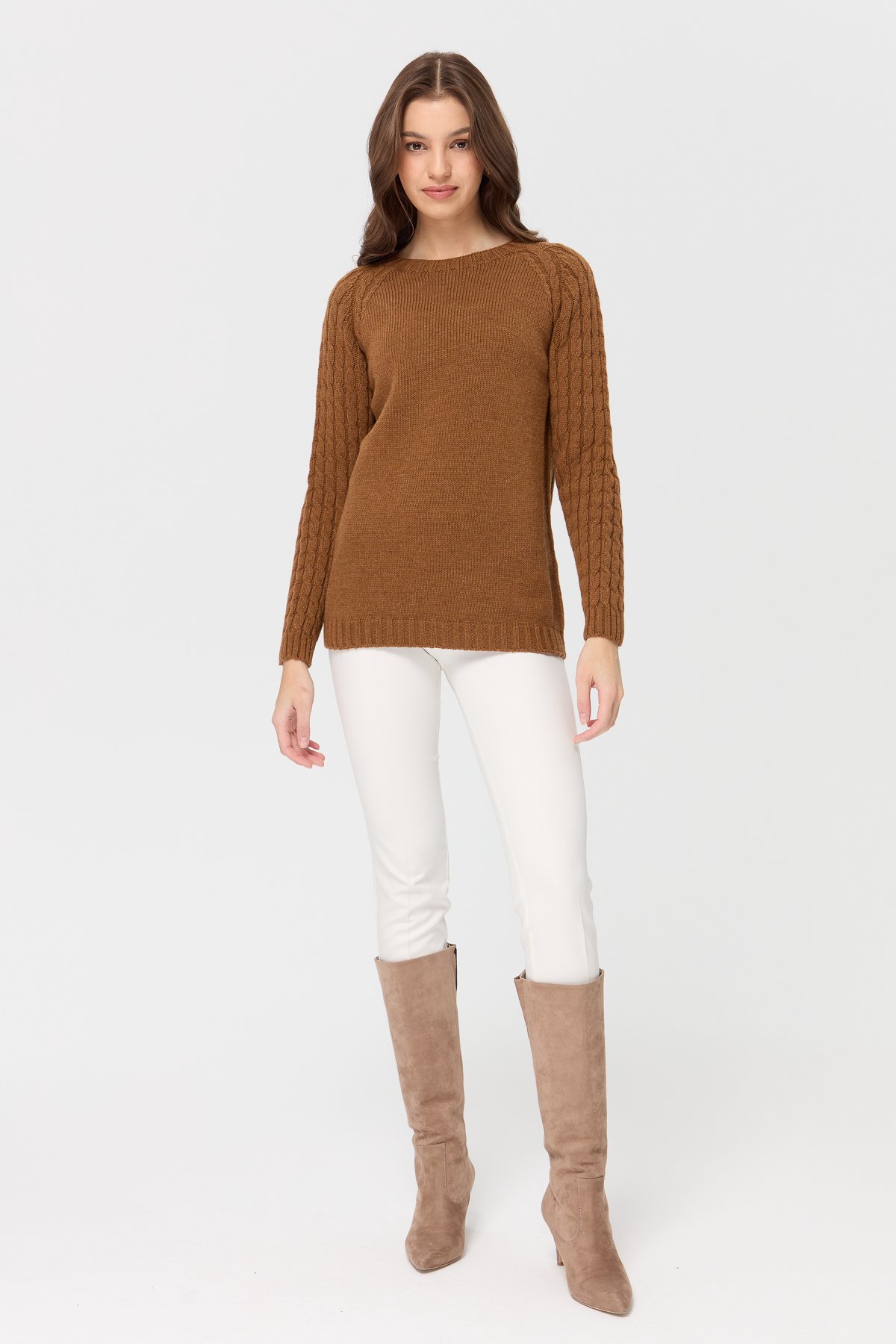 23201Kadın Sıfır Yaka Kolu Saç Örgü Yün Kazak K.taba