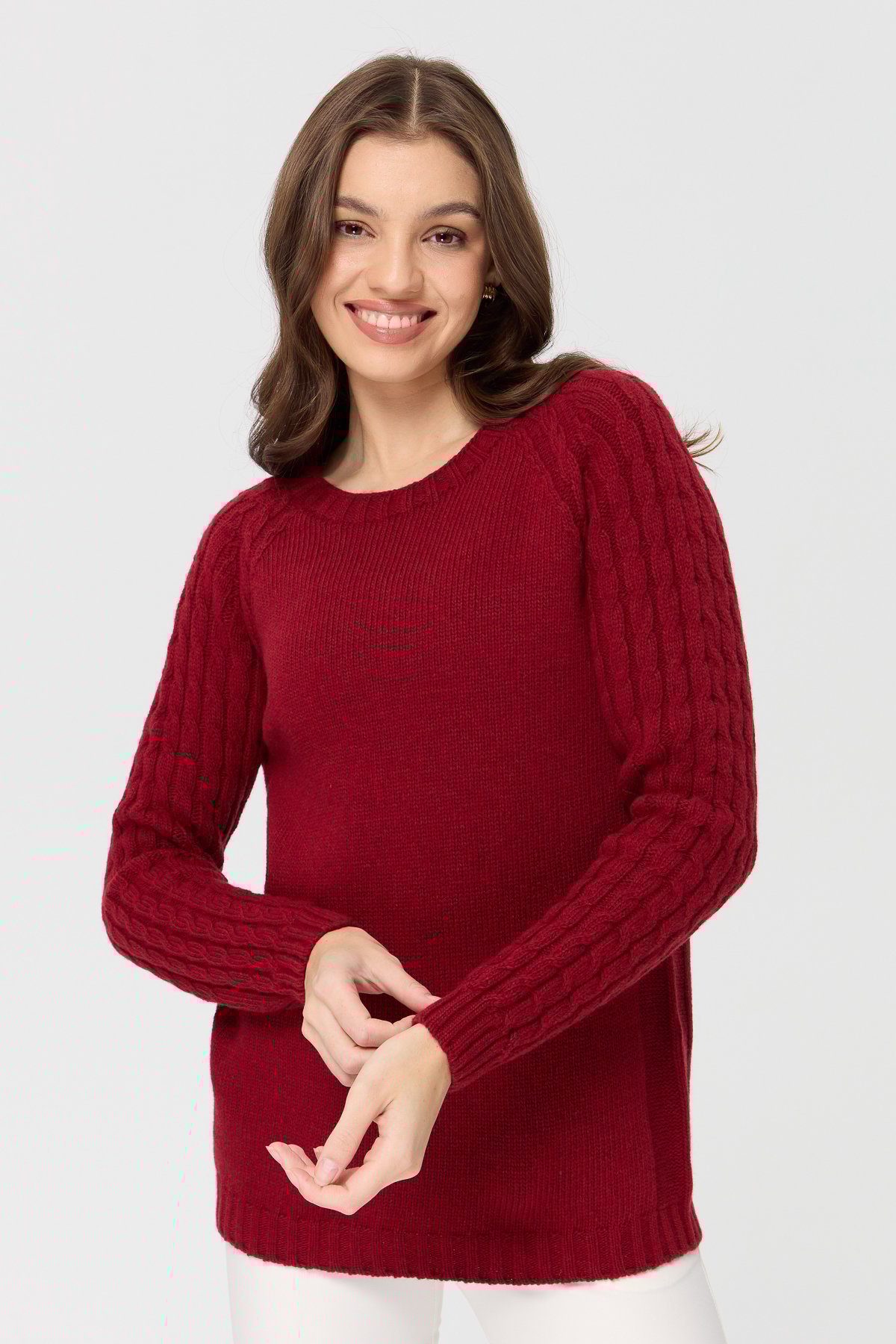 23201Kadın Sıfır Yaka Kolu Saç Örgü Yün Kazak V.Kırmızı