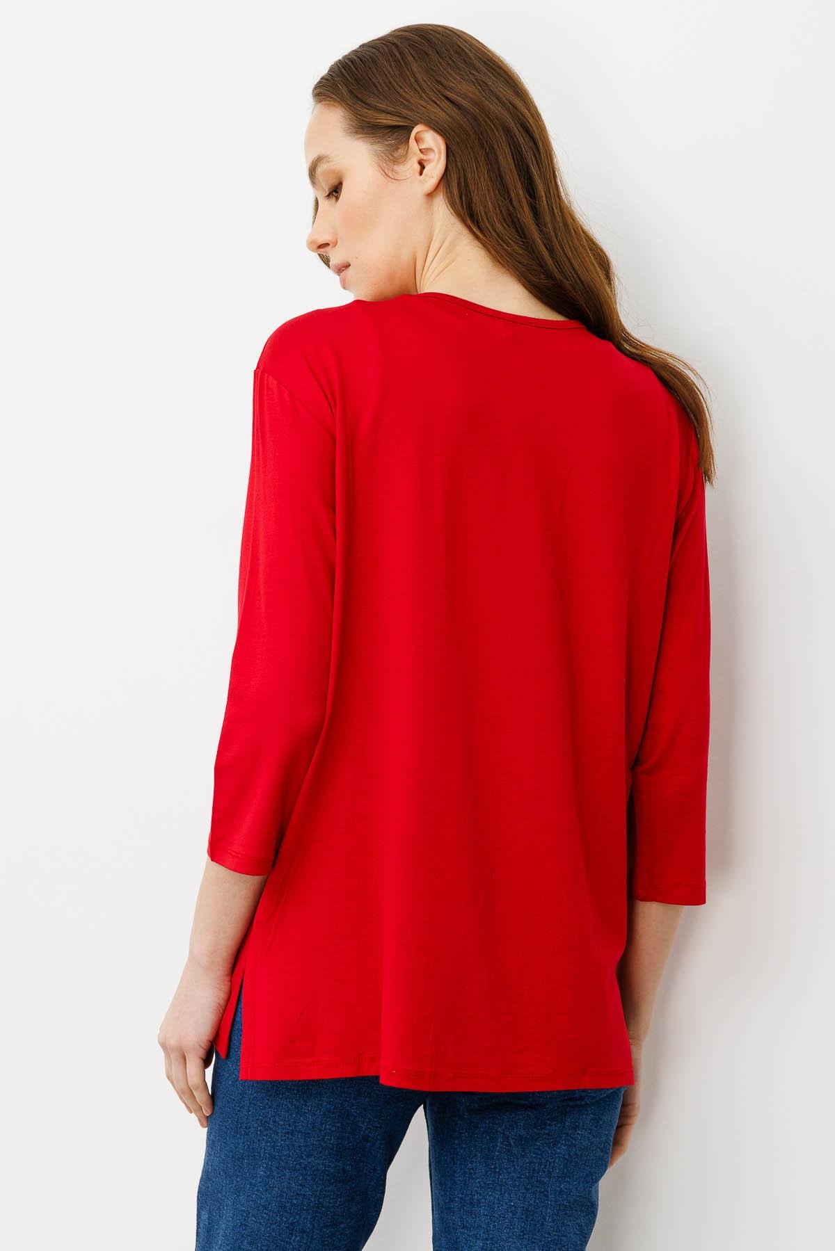 21723Kadın Sıfır Yaka Nakışlı Penye Bluz Kırmızı