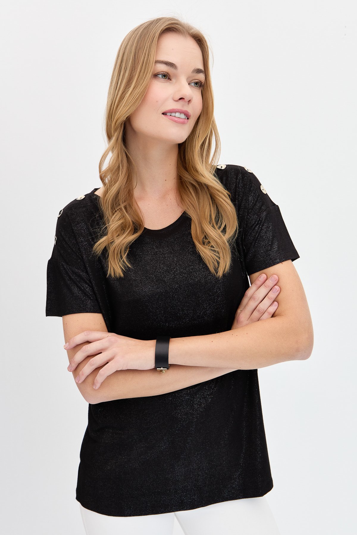 KMY24028Kadın Sıfır Yaka Omuzları Düğmeli Tshirt Siyah