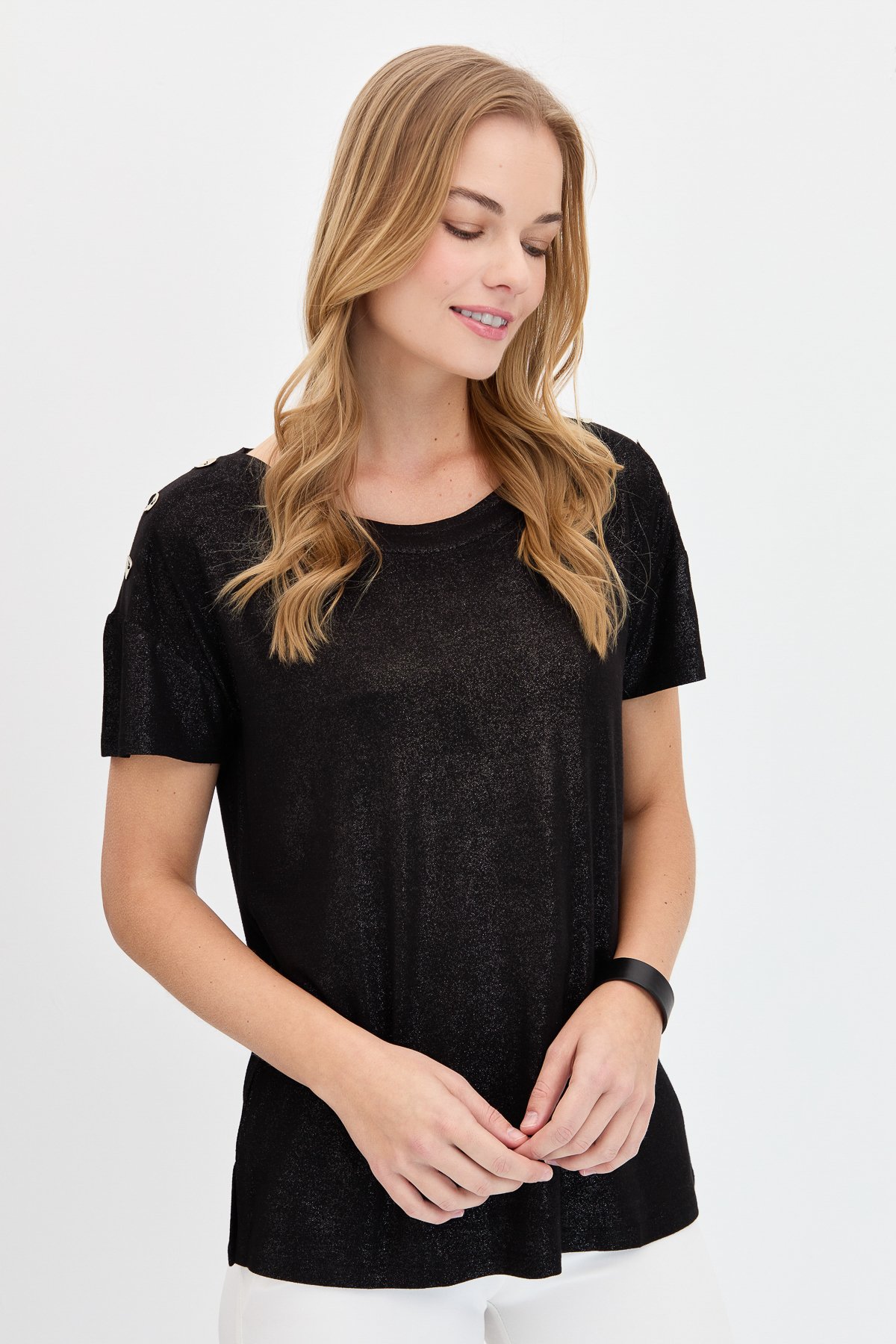 KMY24028Kadın Sıfır Yaka Omuzları Düğmeli Tshirt Siyah