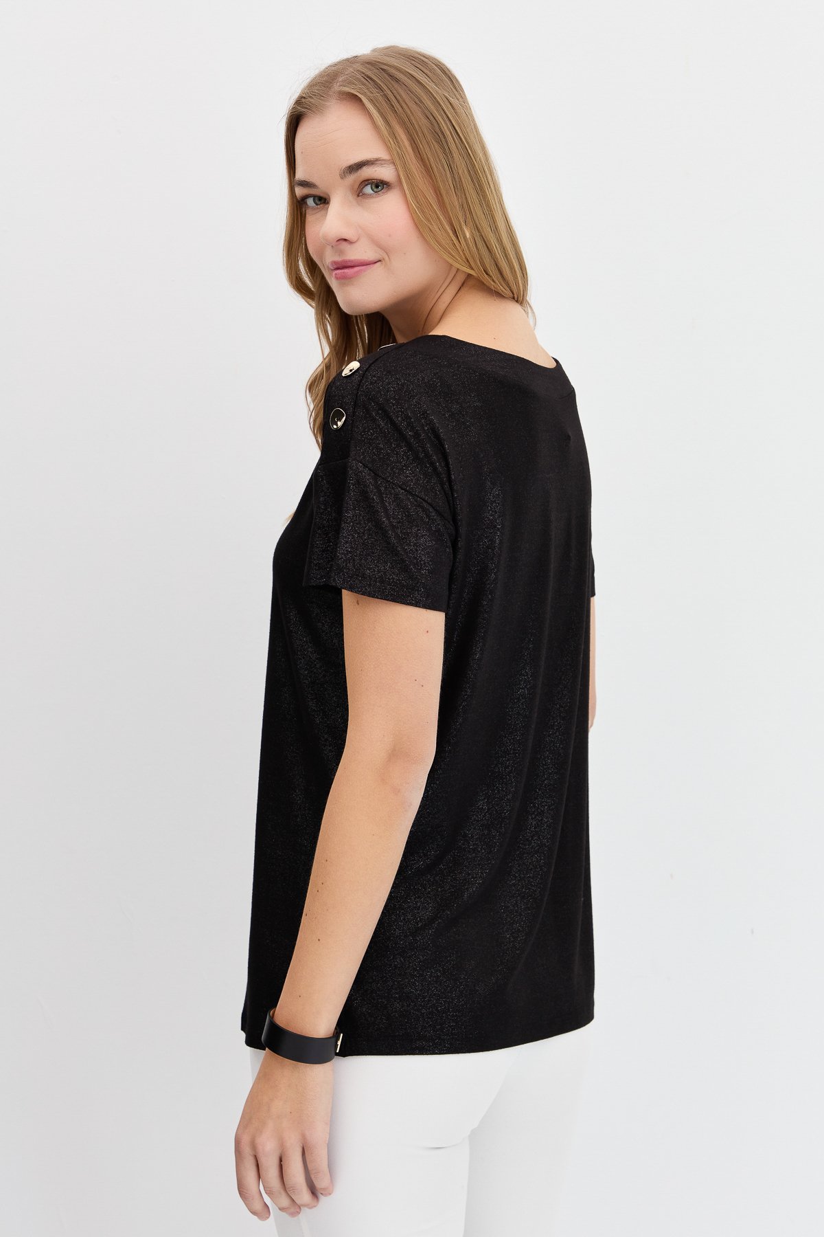 KMY24028Kadın Sıfır Yaka Omuzları Düğmeli Tshirt Siyah