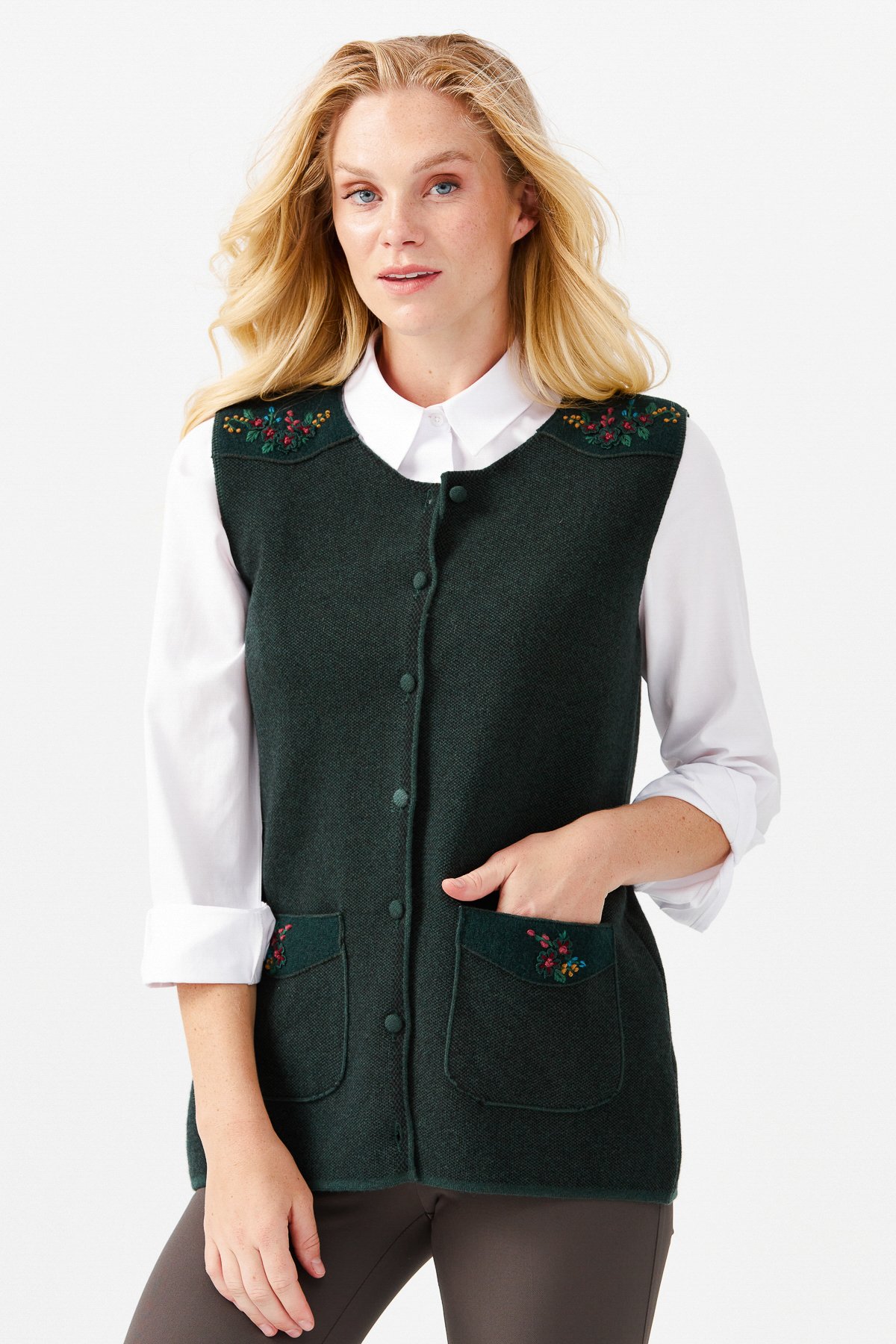 22113Женский жилет на пуговицах с круглым вырезом и карманом на плече с отделкой, зеленый