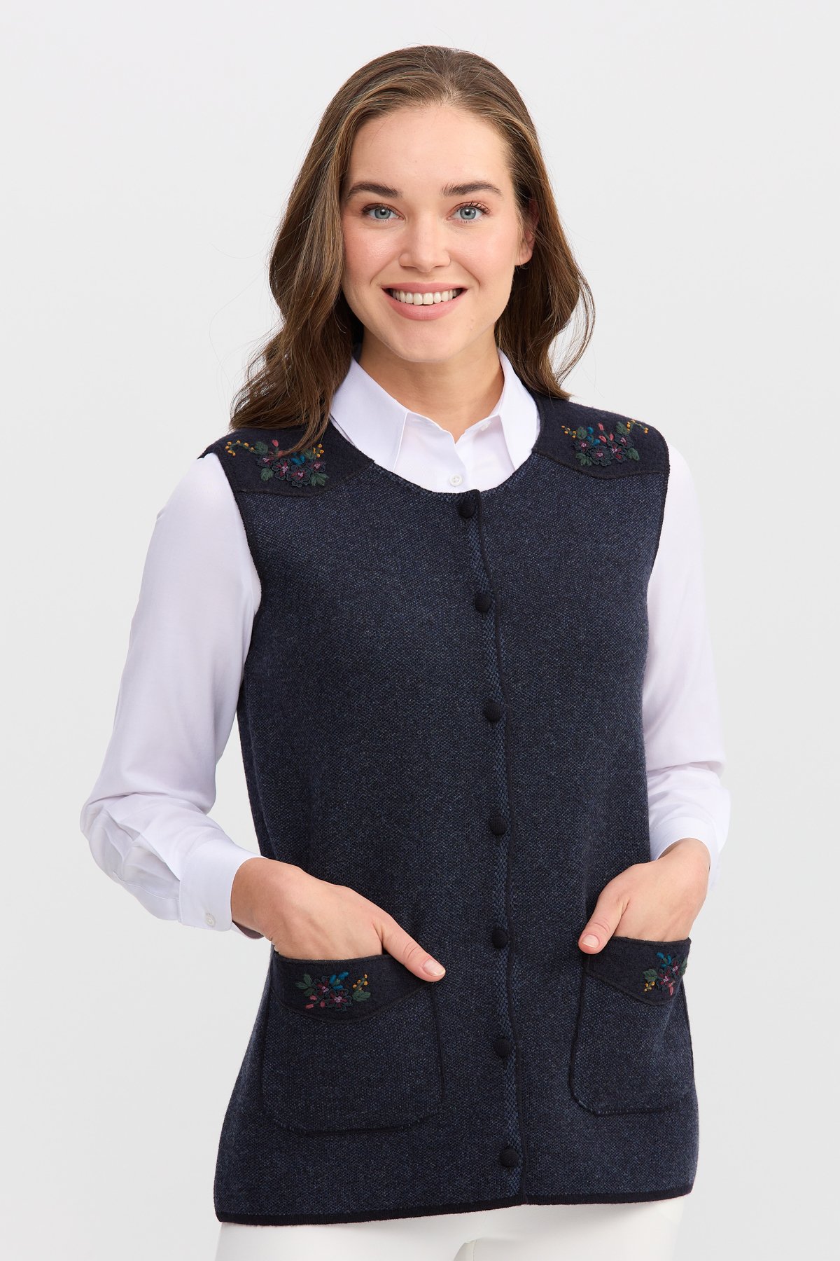 22113Женский жилет на пуговицах с круглым вырезом и карманом на плече с отделкой, темно синий