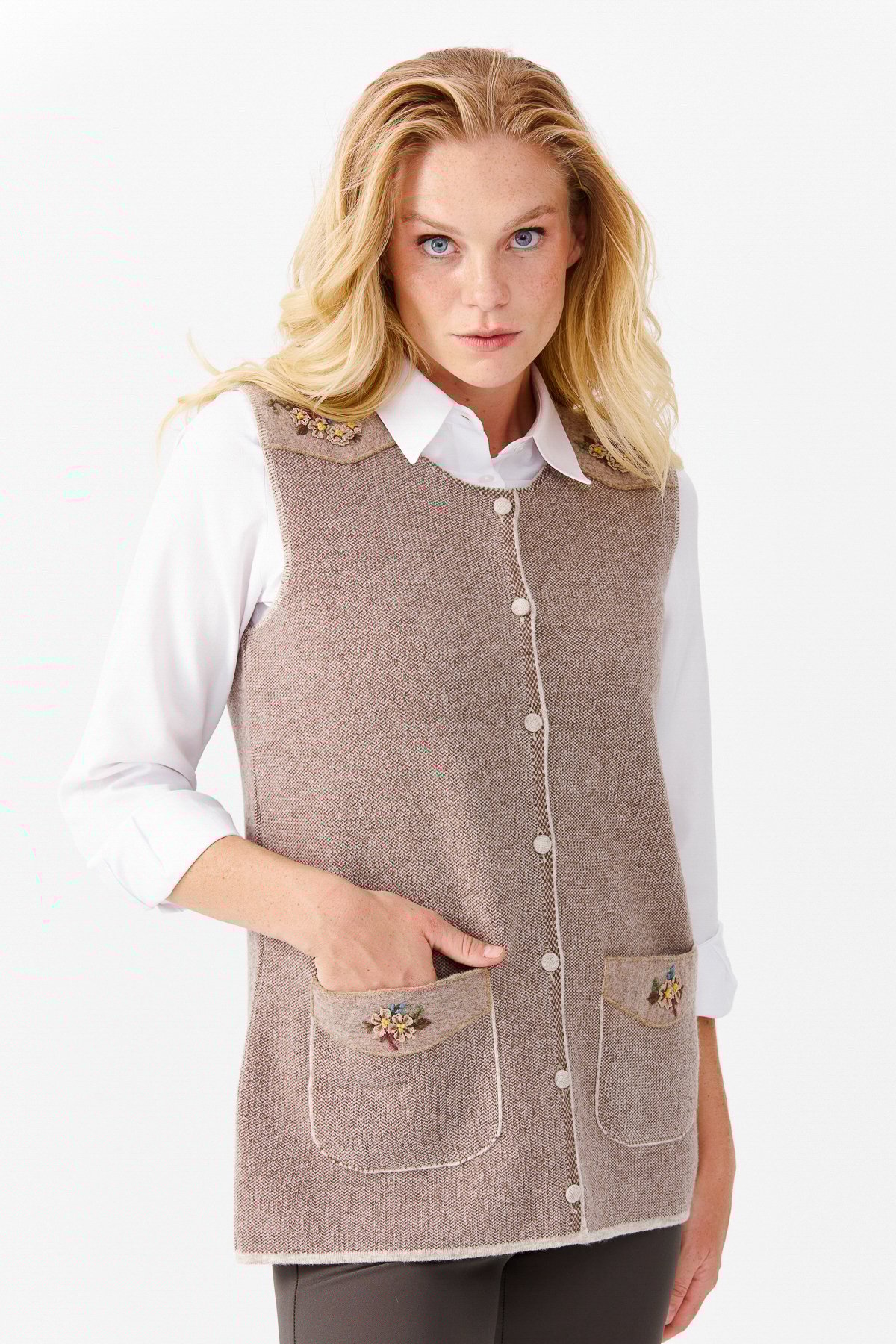 22113Женский жилет на пуговицах с круглым вырезом и карманом на плече с отделкой, бежевый 