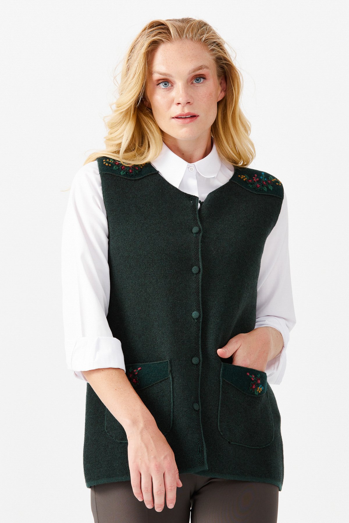 22113Женский жилет на пуговицах с круглым вырезом и карманом на плече с отделкой, зеленый