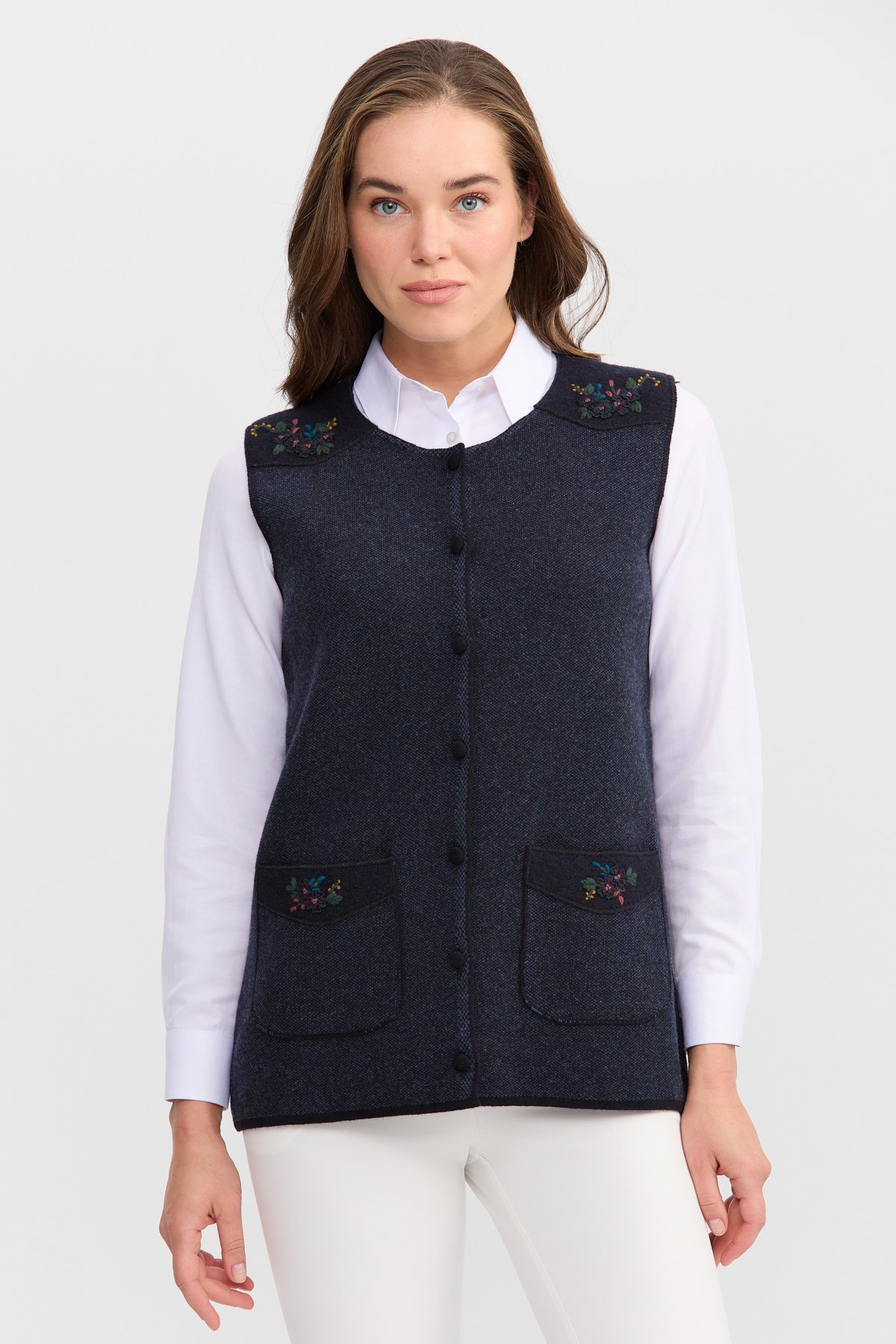 22113Женский жилет на пуговицах с круглым вырезом и карманом на плече с отделкой, темно синий
