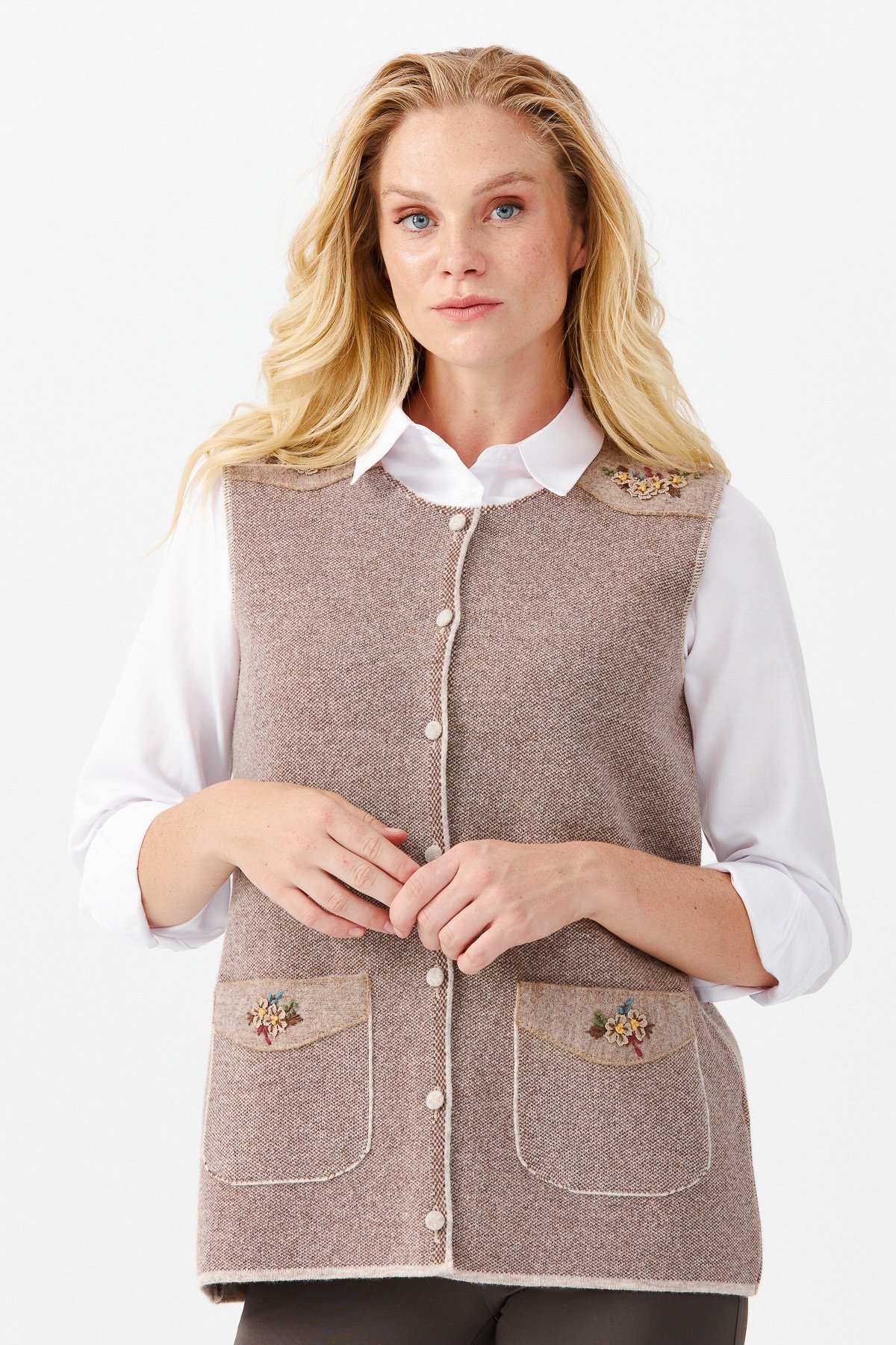 22113Женский жилет на пуговицах с круглым вырезом и карманом на плече с отделкой, бежевый 