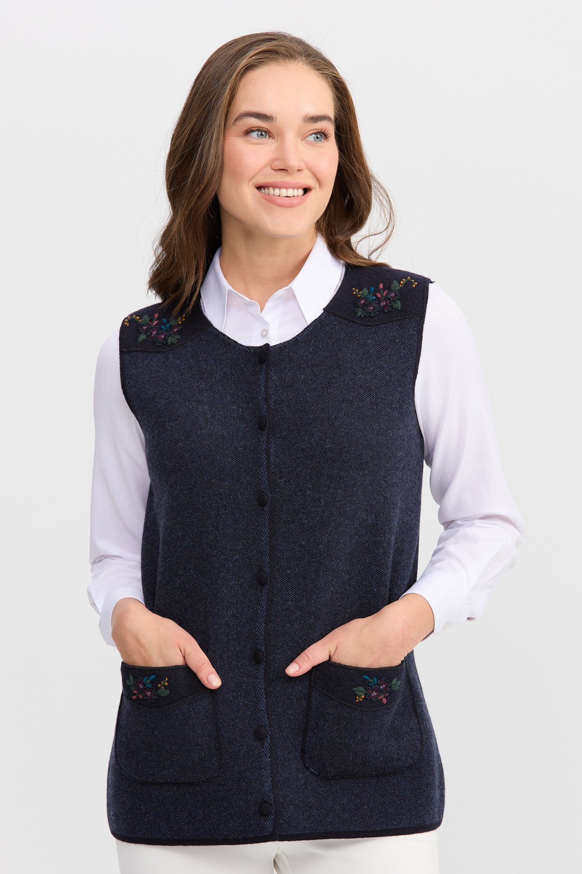 22113Женский жилет на пуговицах с круглым вырезом и карманом на плече с отделкой, темно синий