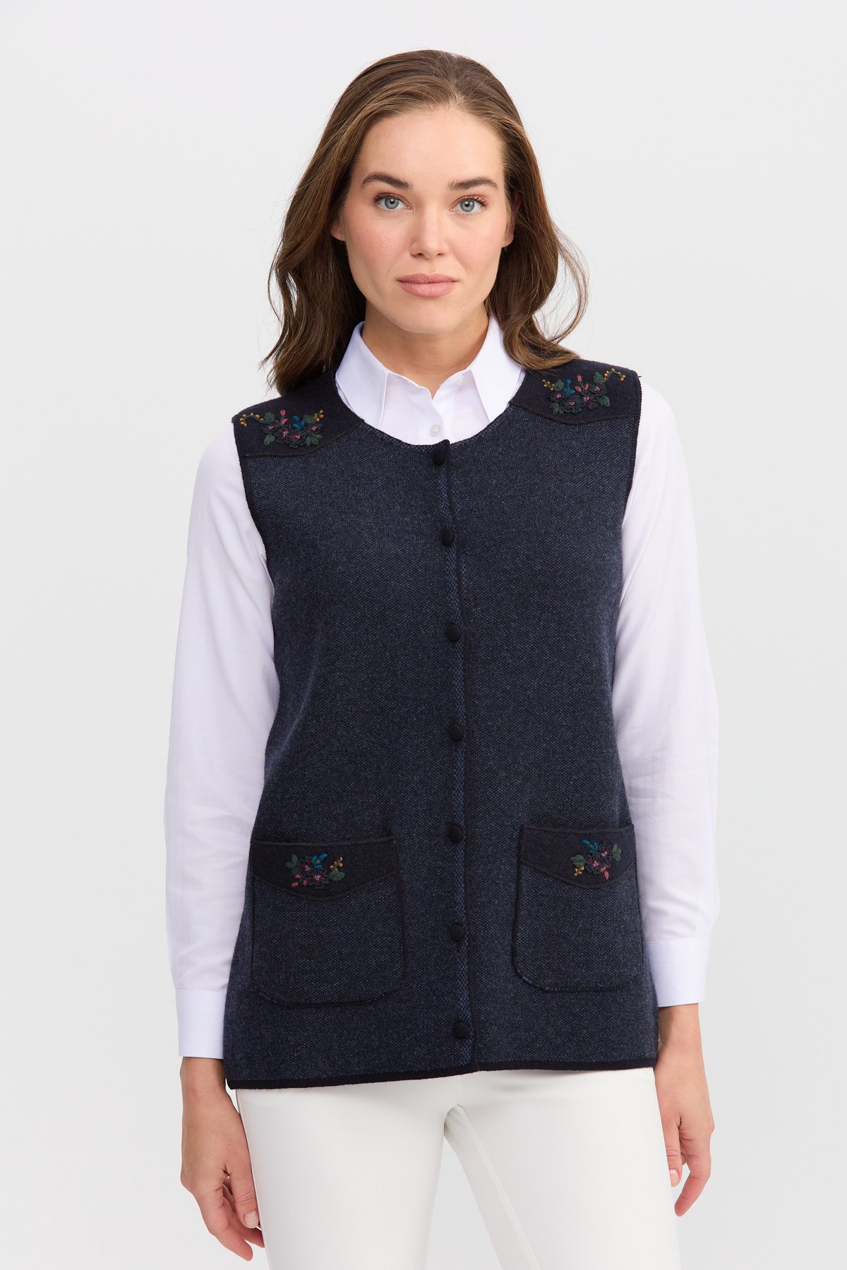 22113Женский жилет на пуговицах с круглым вырезом и карманом на плече с отделкой, темно синий