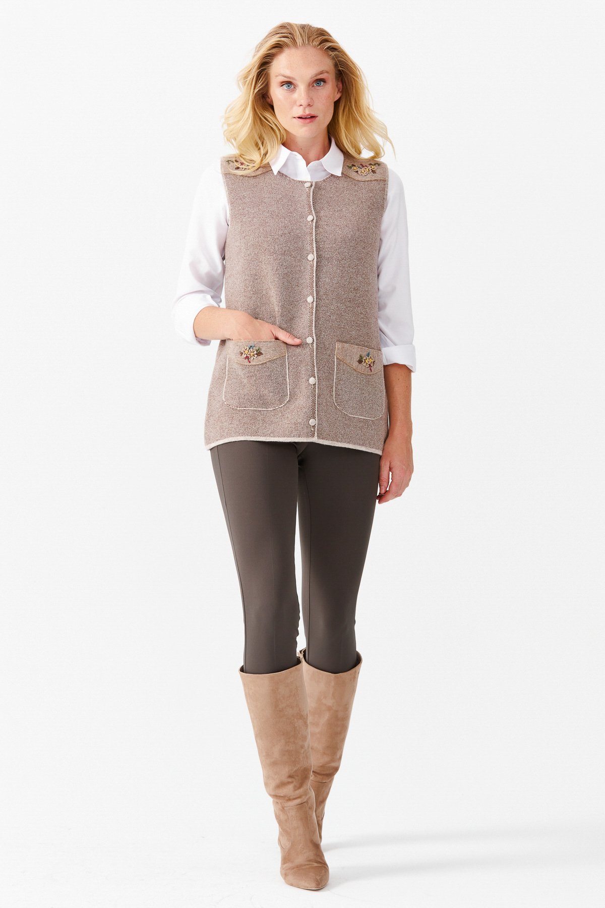 22113Женский жилет на пуговицах с круглым вырезом и карманом на плече с отделкой, бежевый 