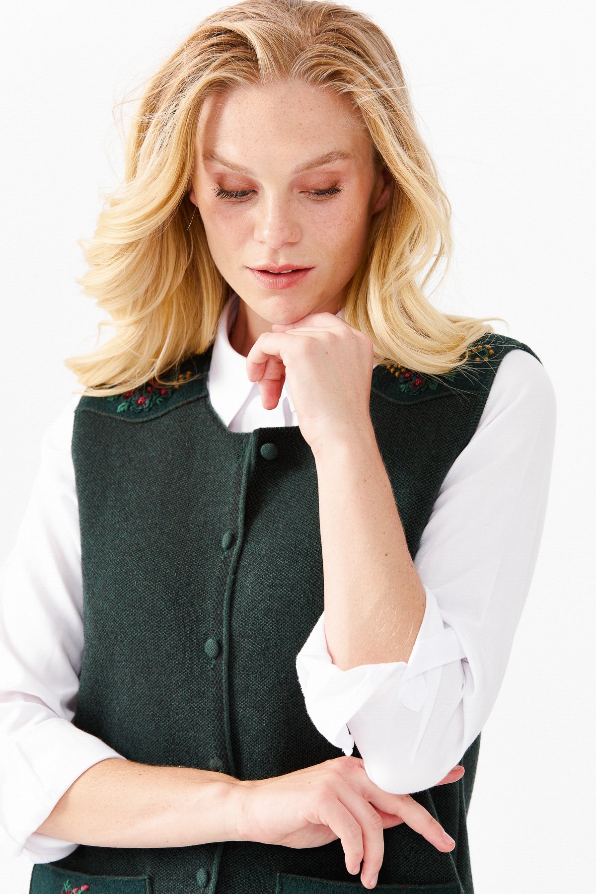 22113Женский жилет на пуговицах с круглым вырезом и карманом на плече с отделкой, зеленый