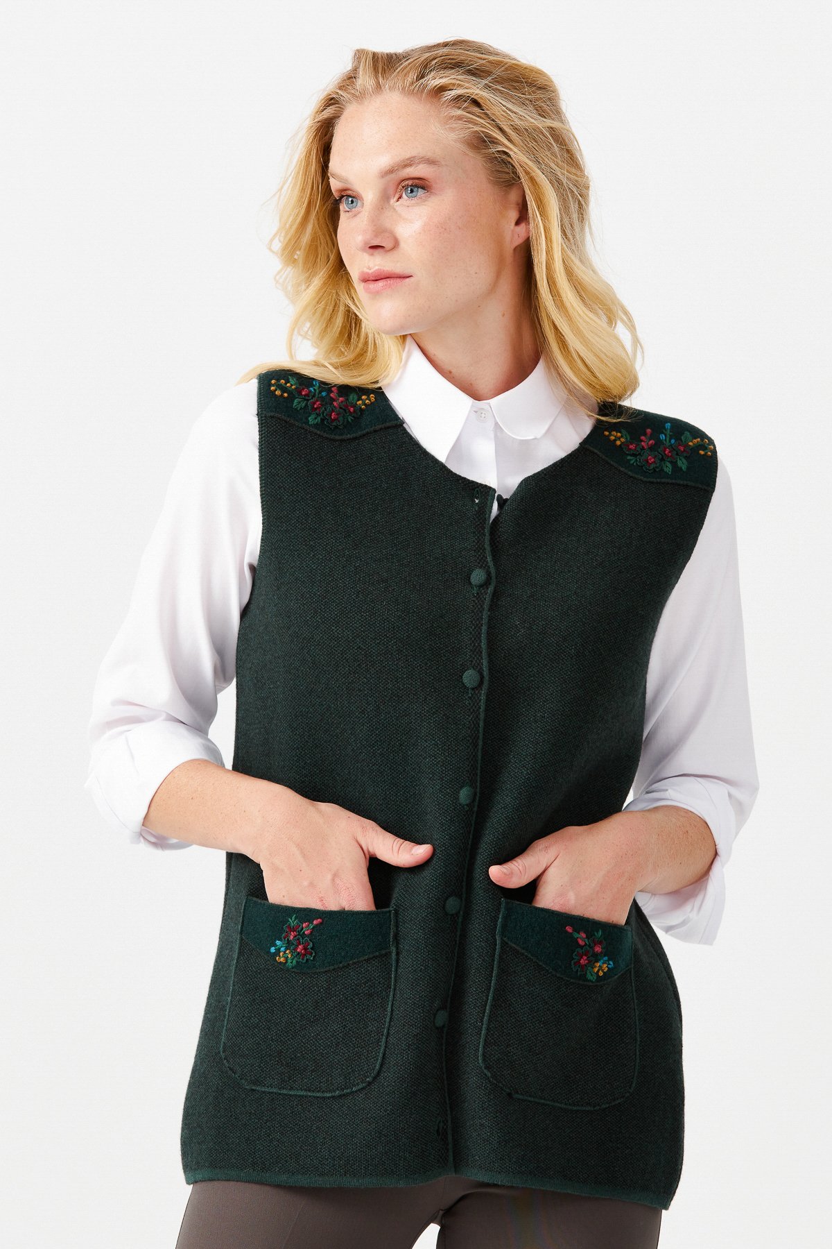 22113Женский жилет на пуговицах с круглым вырезом и карманом на плече с отделкой, зеленый